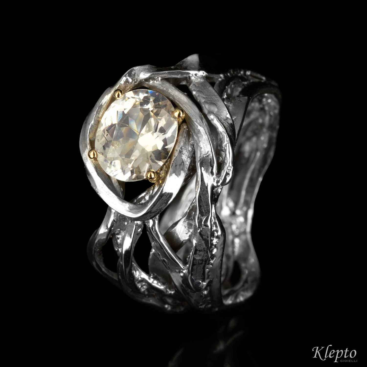 Silnova® Silver Ring with Sapphire and Yellow Gold Details