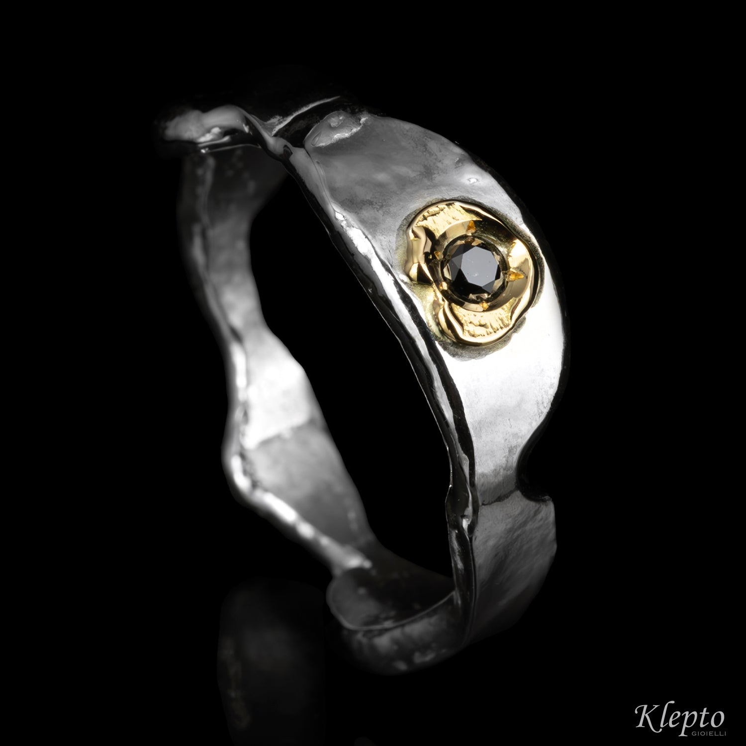 Silver Silnova® Ring with Black Diamond and Yellow Gold Detail
