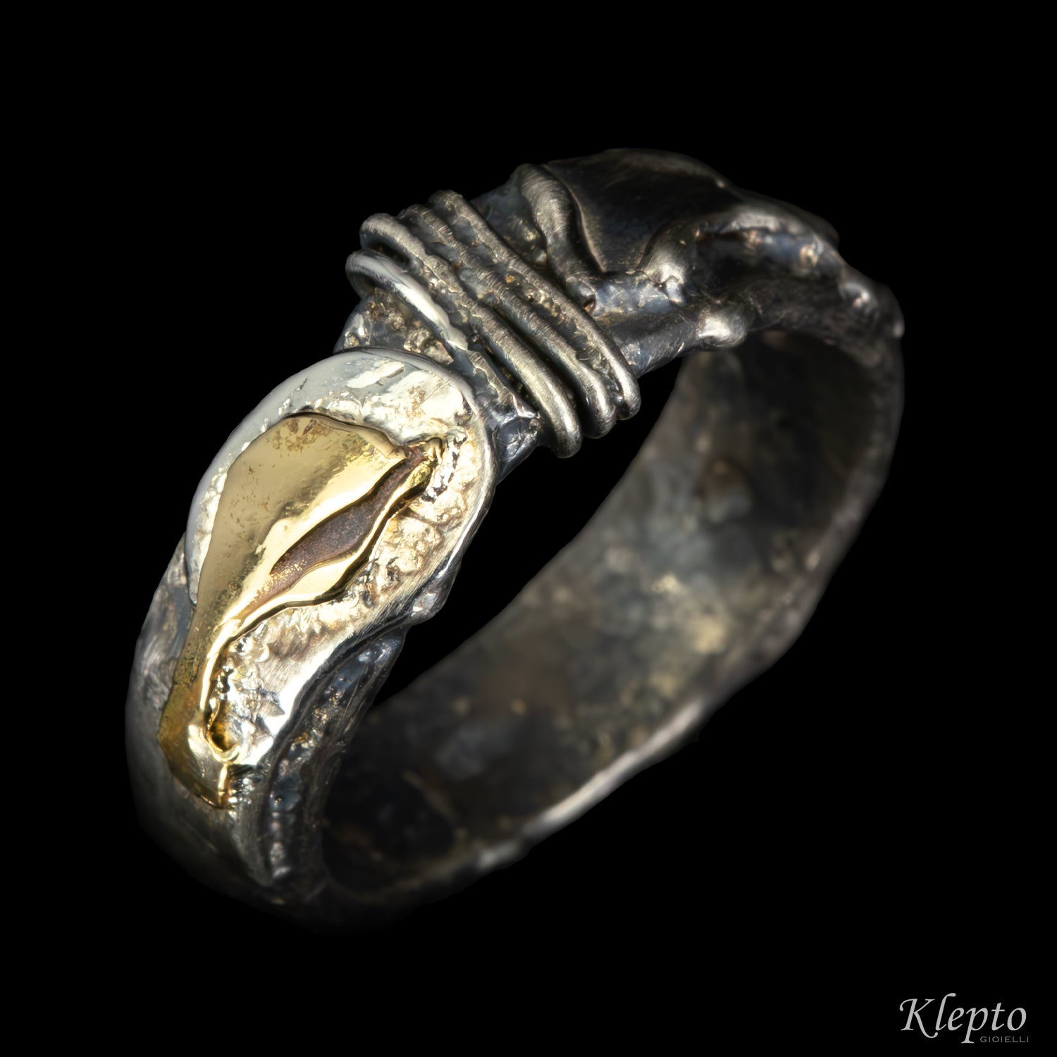 Burnished Silnova® silver ring with yellow gold details