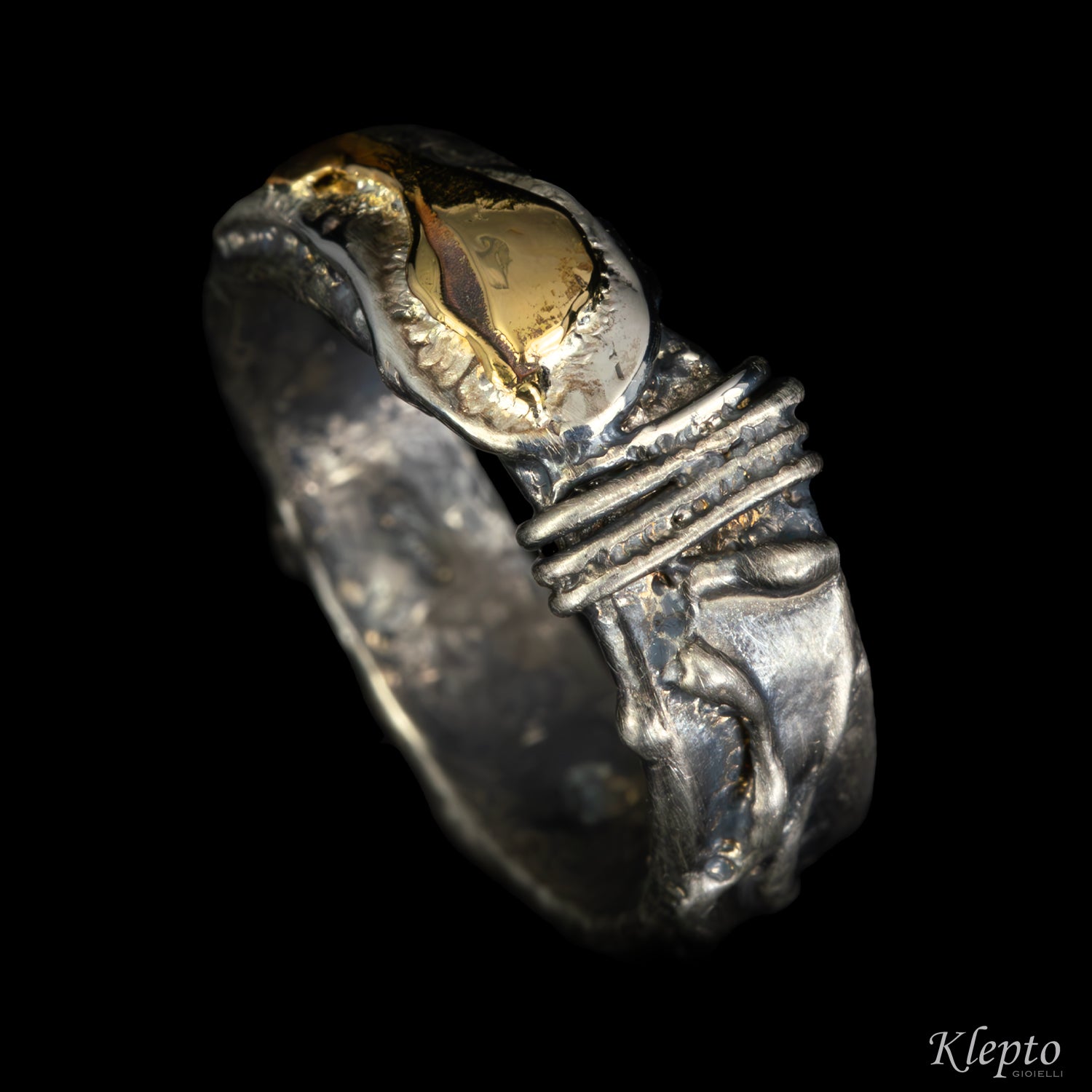 Burnished Silnova® silver ring with yellow gold details