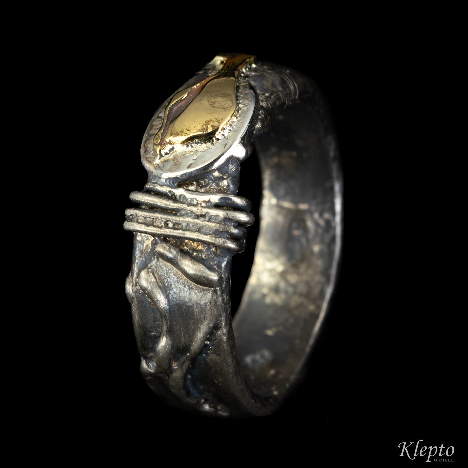 Burnished Silnova® silver ring with yellow gold details