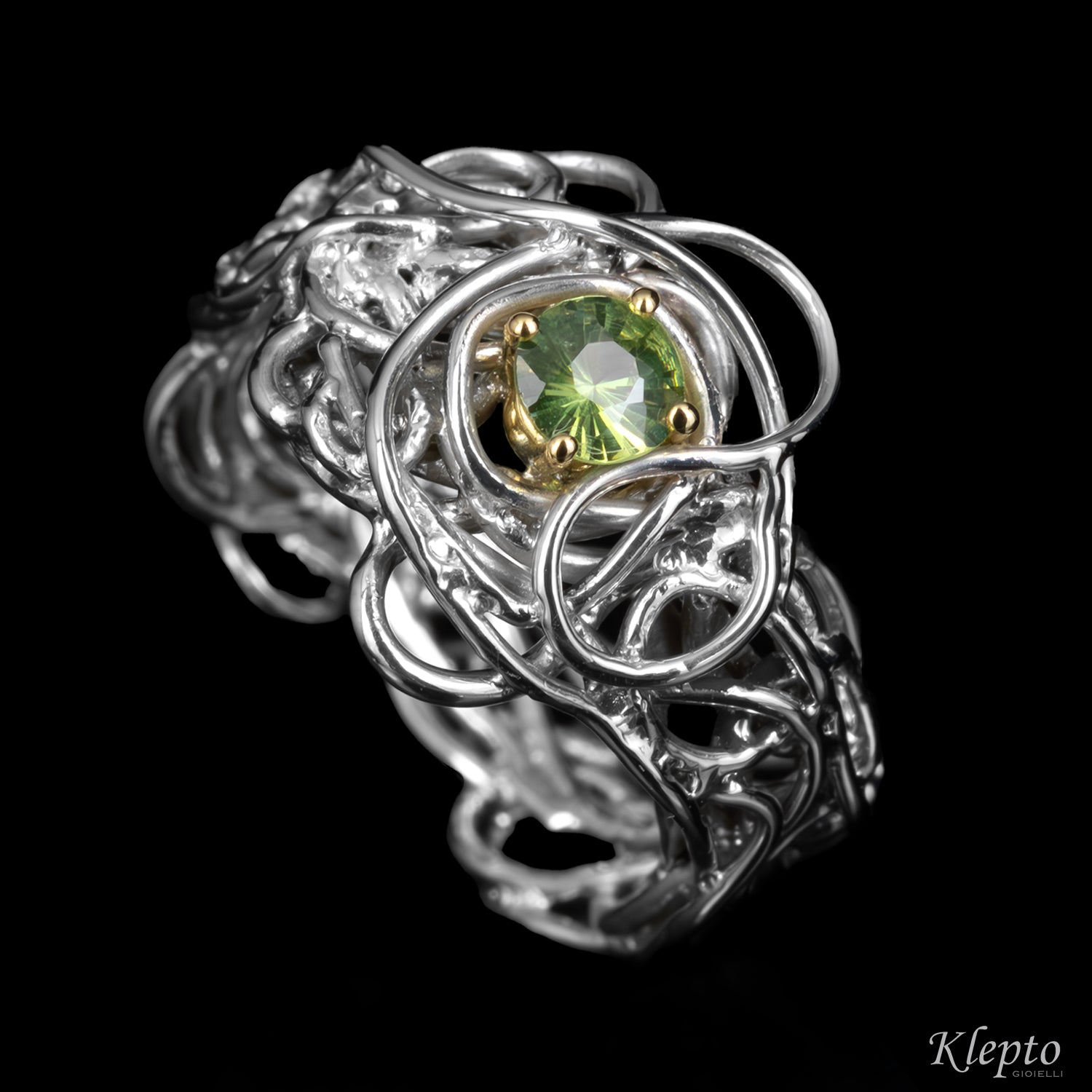 Silver Ring Silnova® with Demantoid and Yellow Gold Details