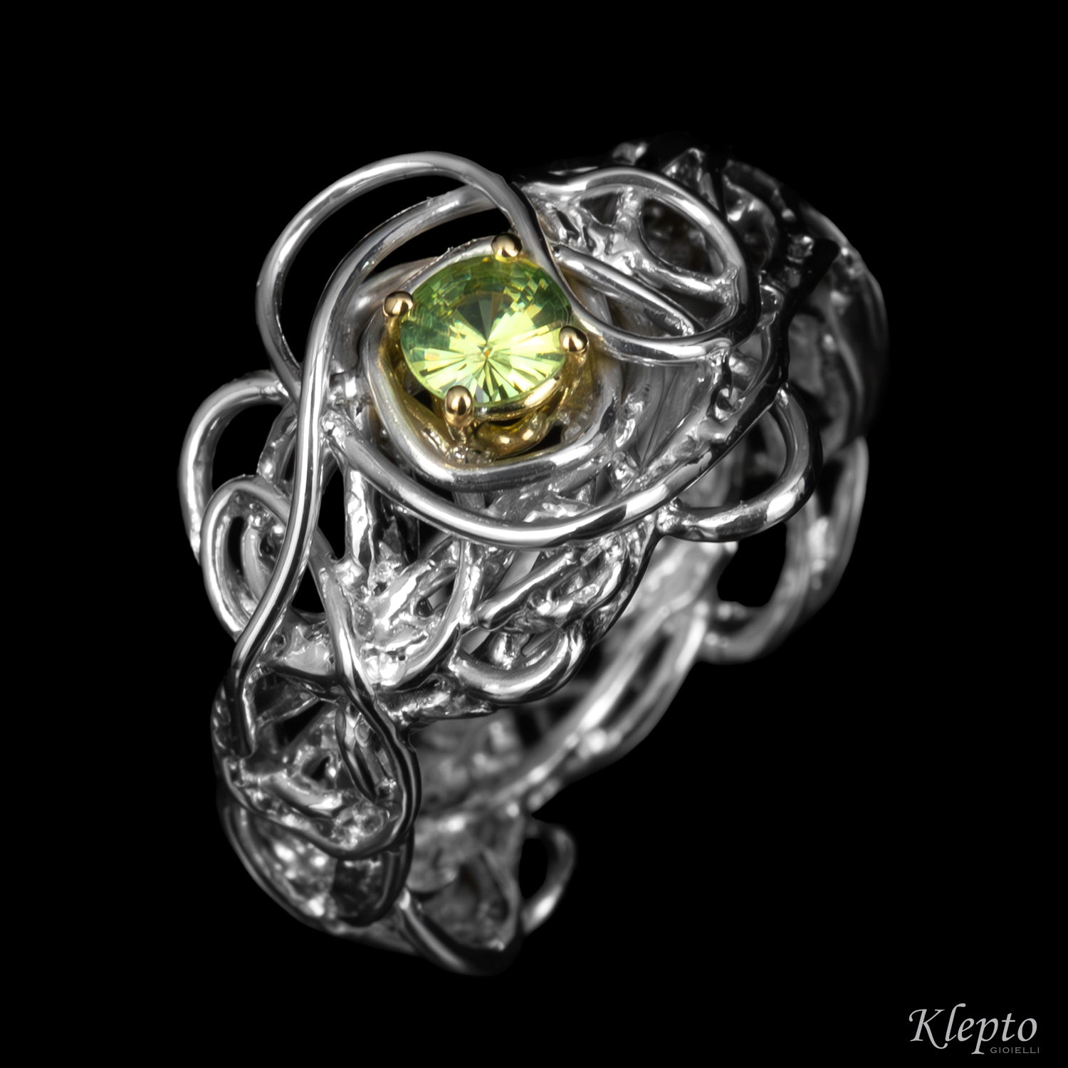 Silver Ring Silnova® with Demantoid and Yellow Gold Details