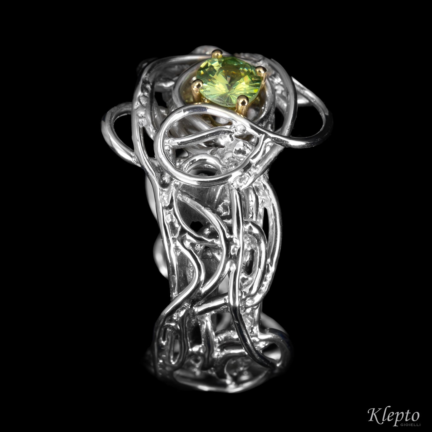 Silver Ring Silnova® with Demantoid and Yellow Gold Details