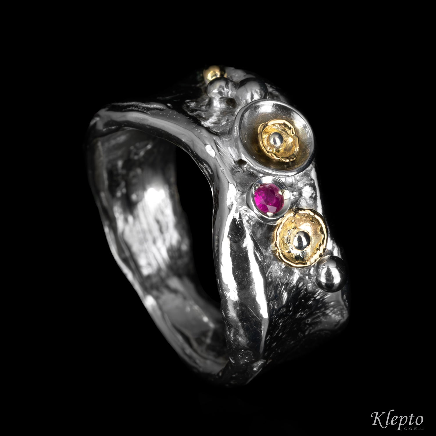 Silver Ring Silnova® with Ruby and yellow gold details