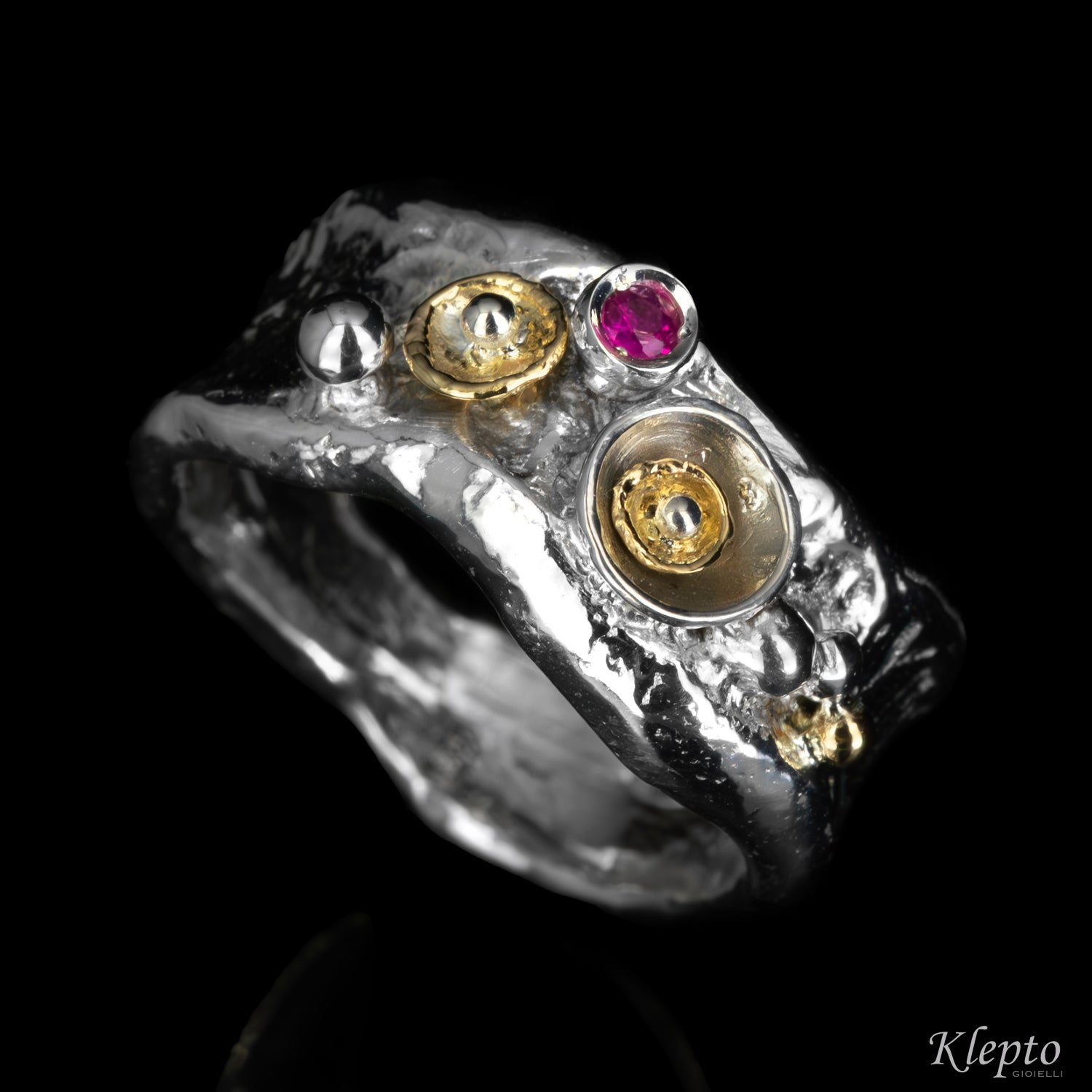 Silver Ring Silnova® with Ruby and yellow gold details