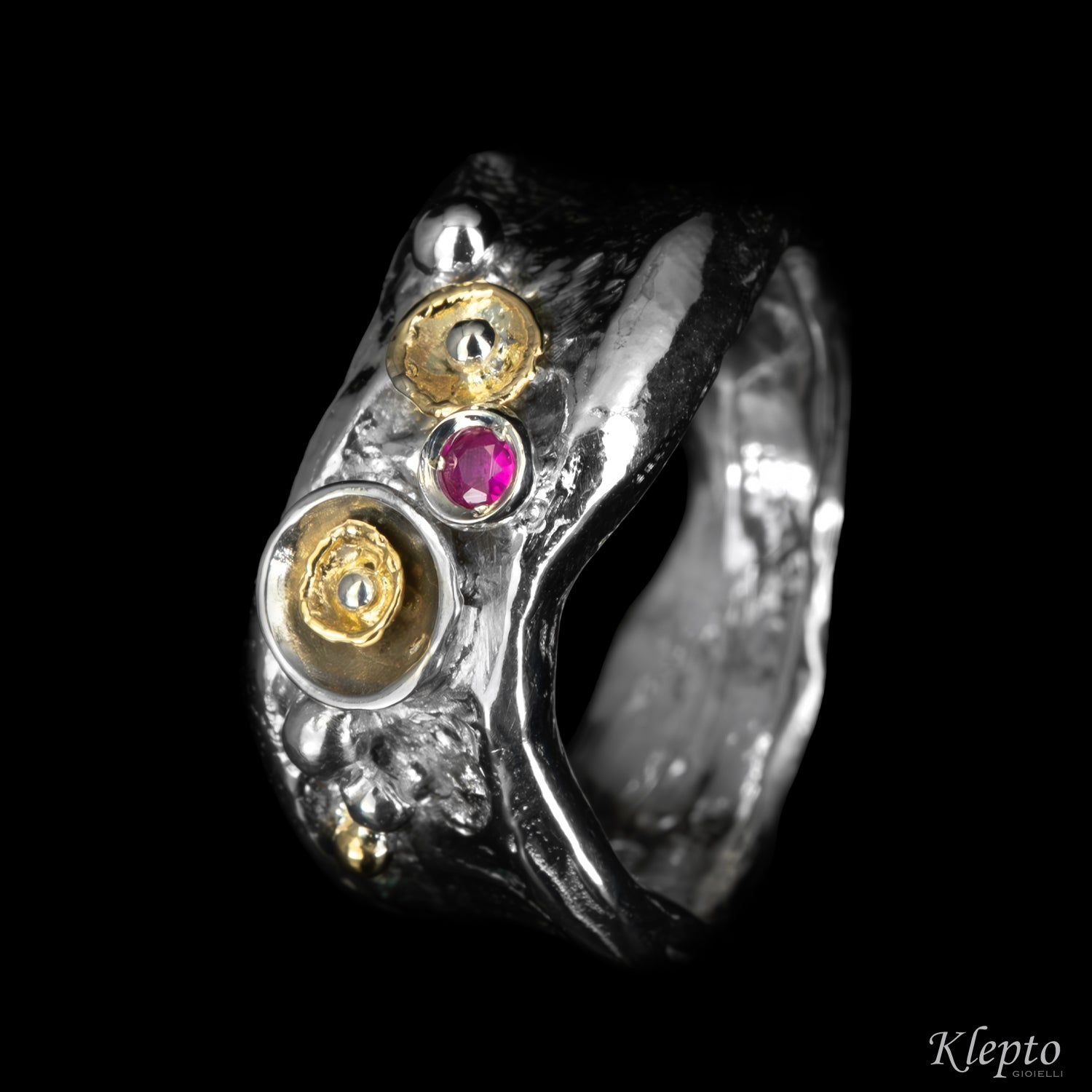 Silver Ring Silnova® with Ruby and yellow gold details