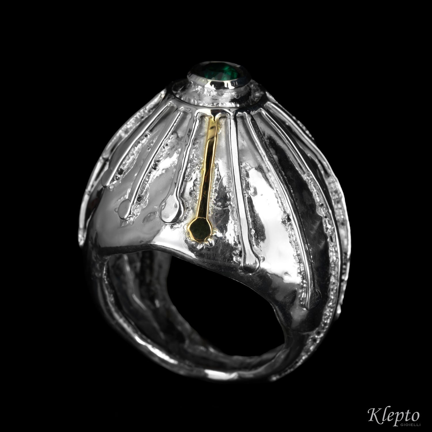 Silver ring Silnova® with green tourmaline and yellow gold details