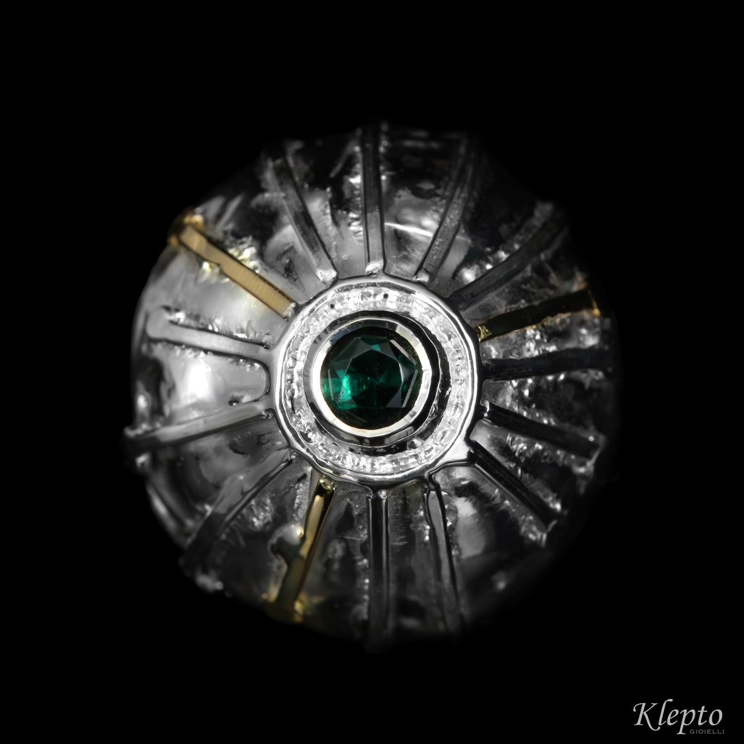 Silver ring Silnova® with green tourmaline and yellow gold details