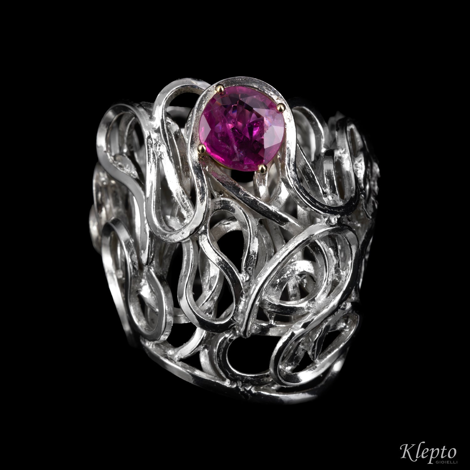 Silver Ring Silnova® with Ruby and yellow gold details