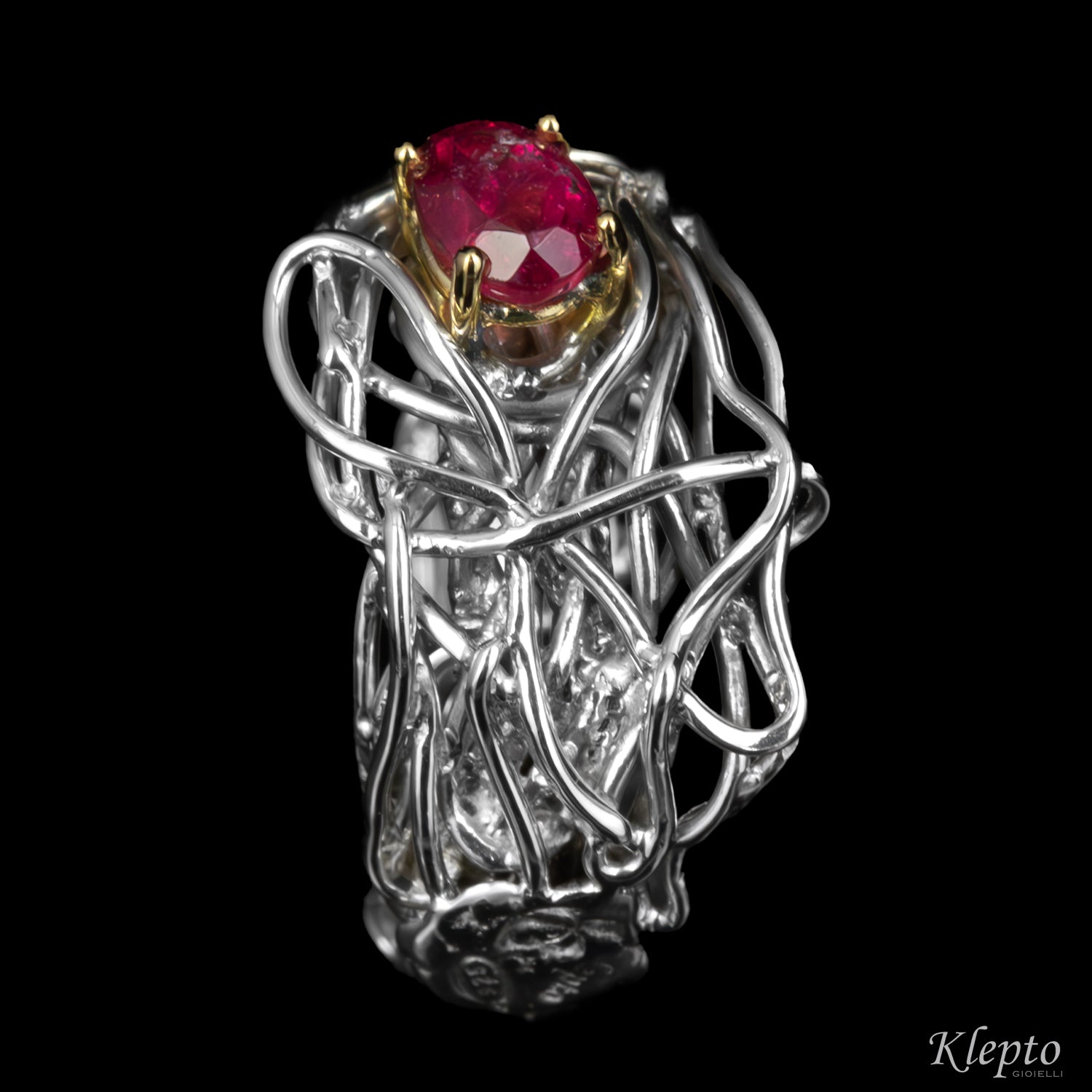 Silver Silnova® Ring with Ruby and Yellow Gold Details