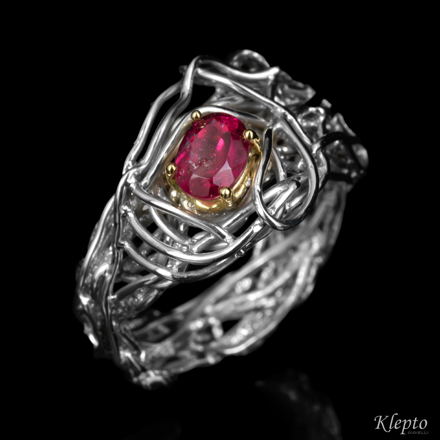 Silver Silnova® Ring with Ruby and Yellow Gold Details