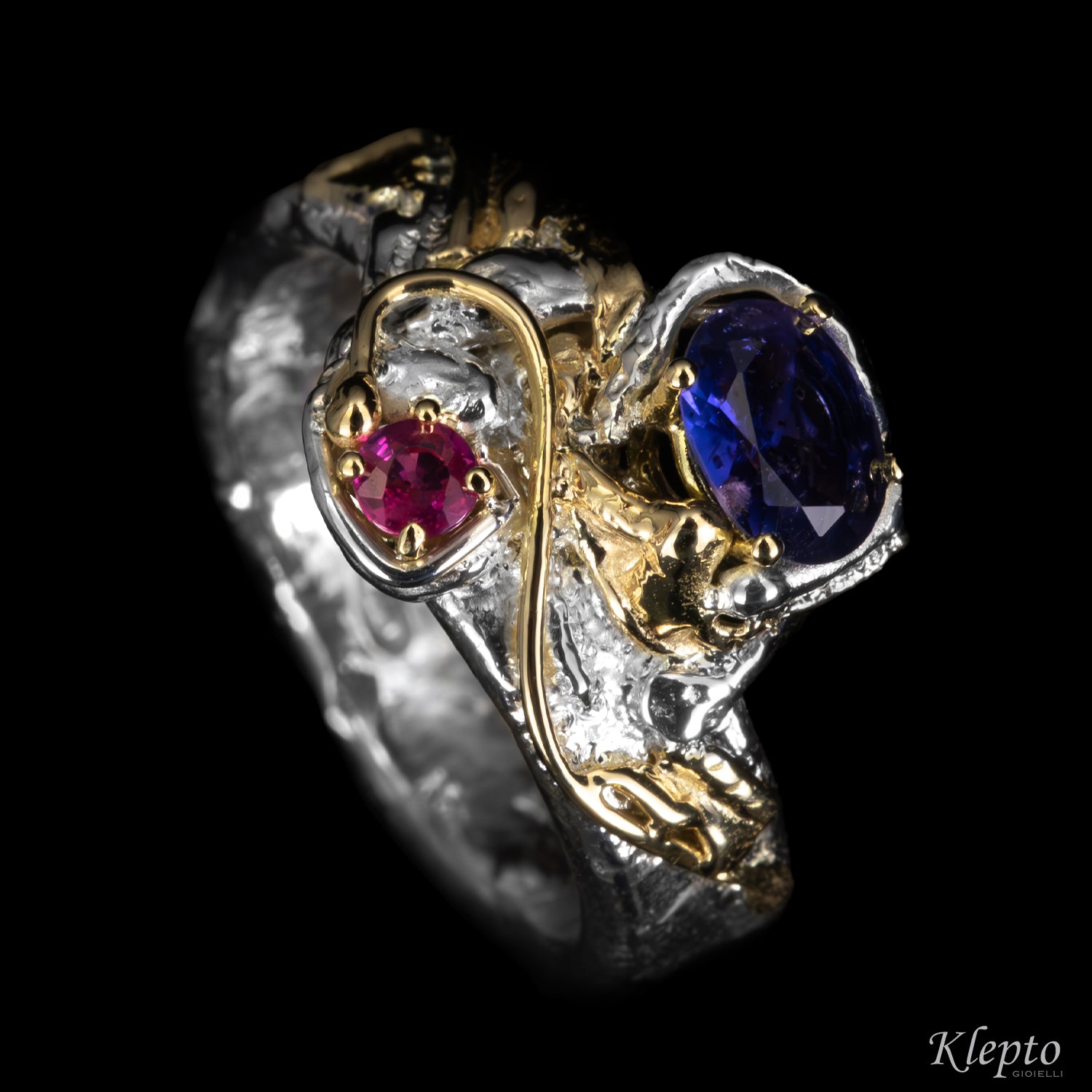 Silver ring Silnova with sapphire, ruby and yellow gold details