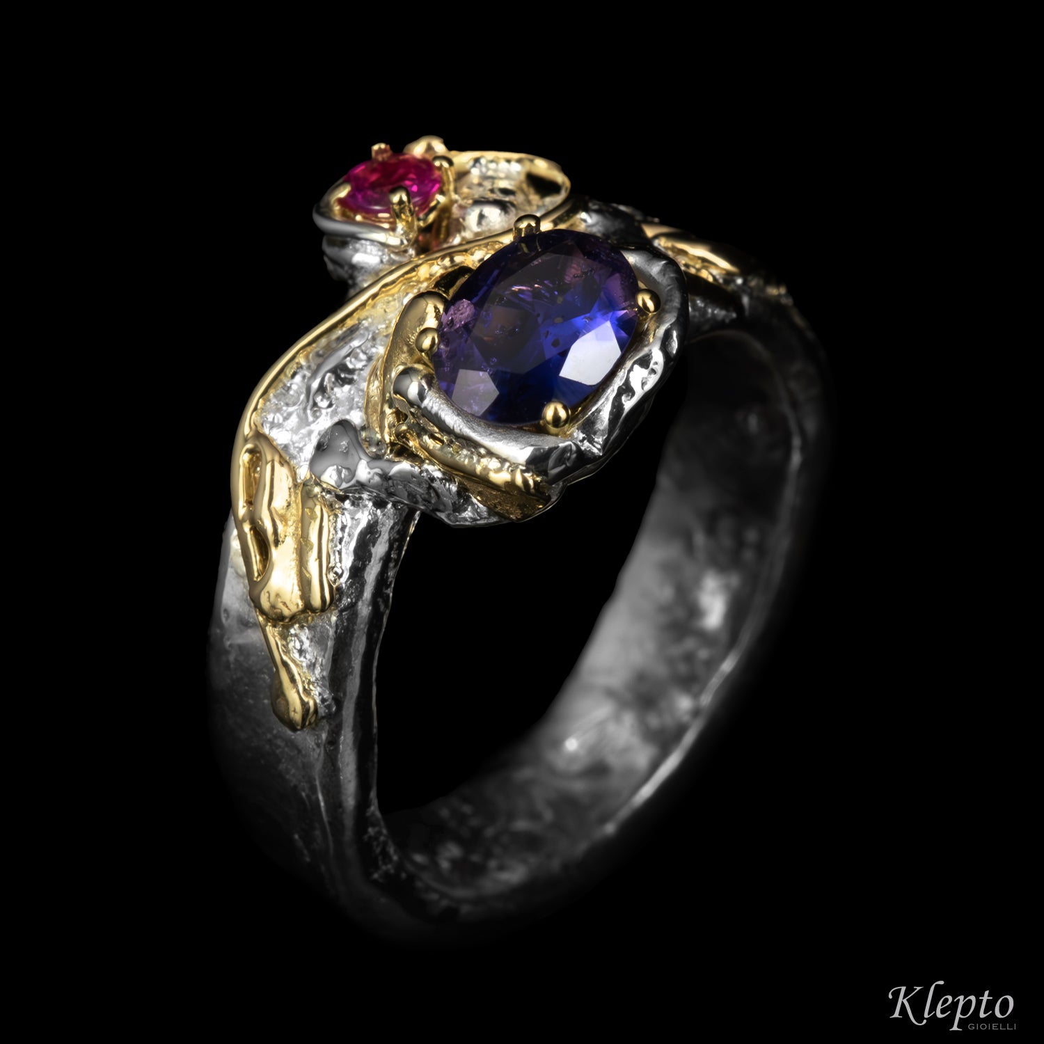 Silver ring Silnova with sapphire, ruby and yellow gold details