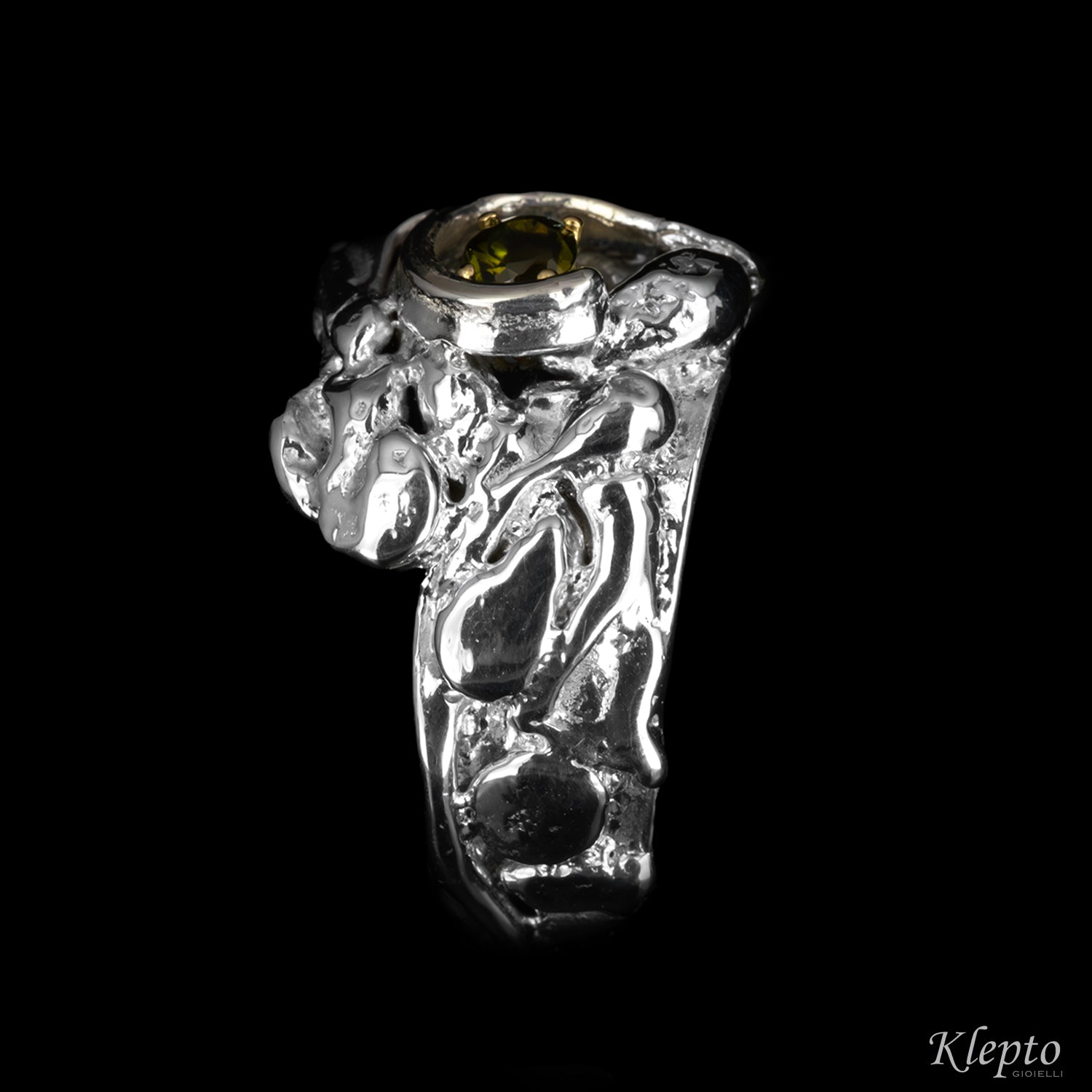 Silver Silnova® Ring with Green Tourmaline and Yellow Gold Details