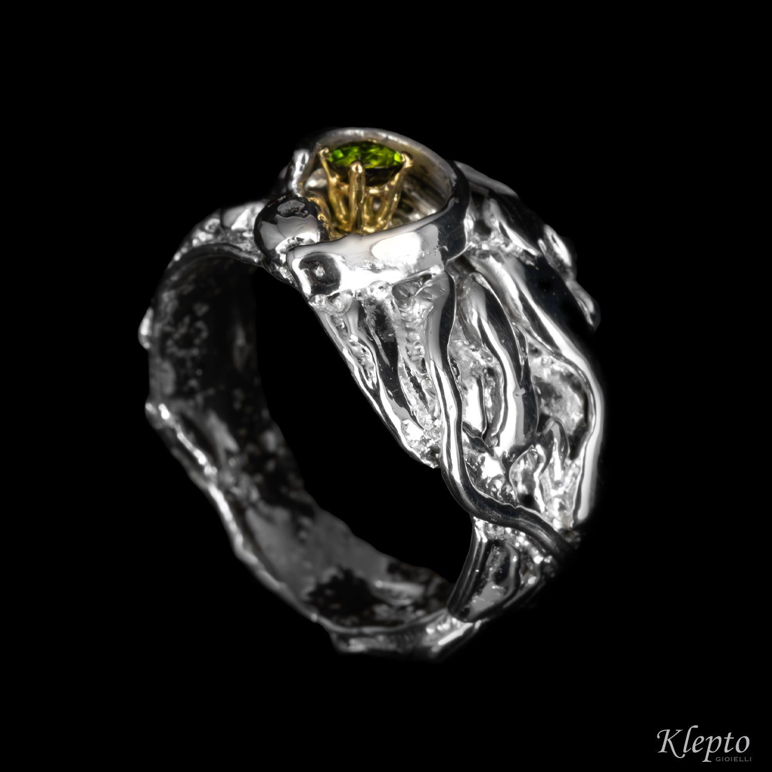 Silver Silnova® Ring with Green Tourmaline and Yellow Gold Details