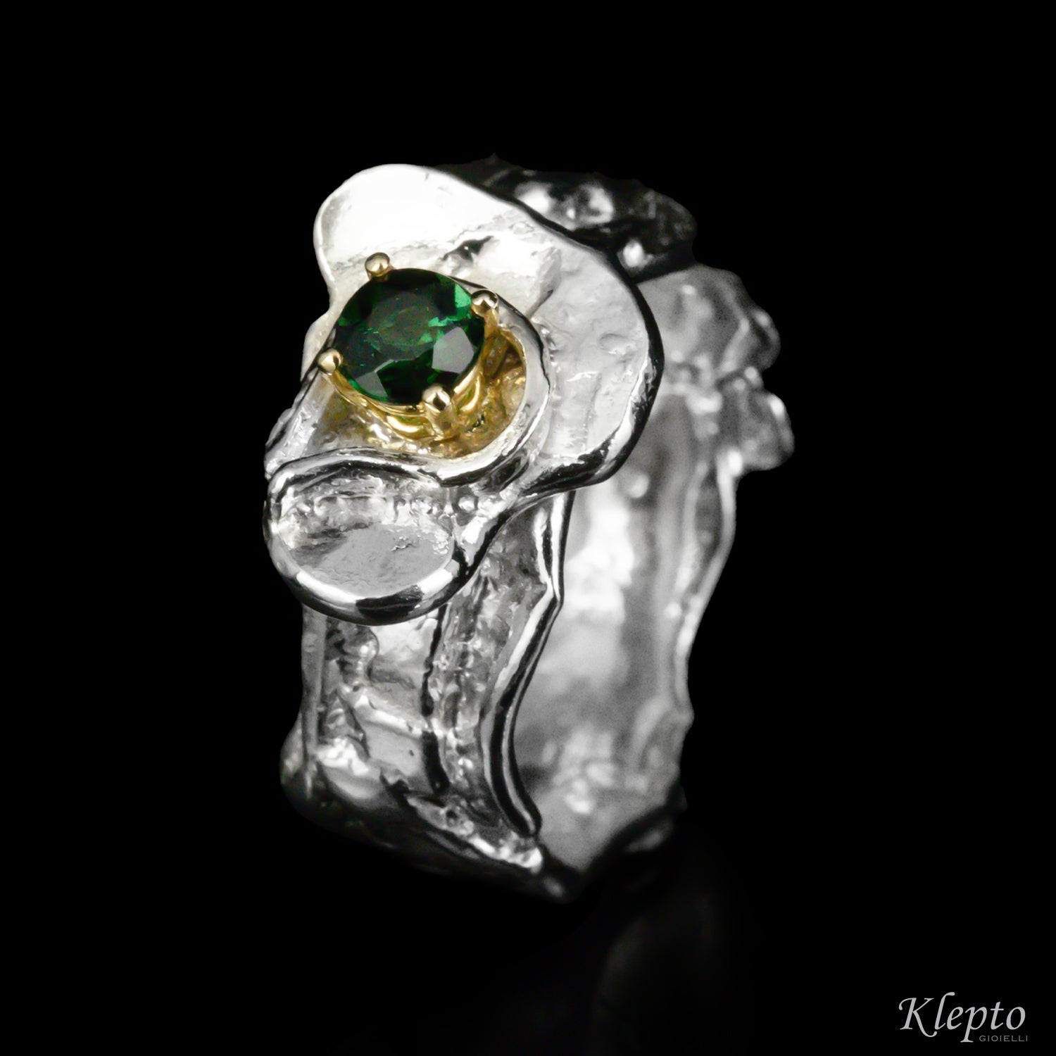 Silver Silnova® ring with green tourmaline and yellow gold details