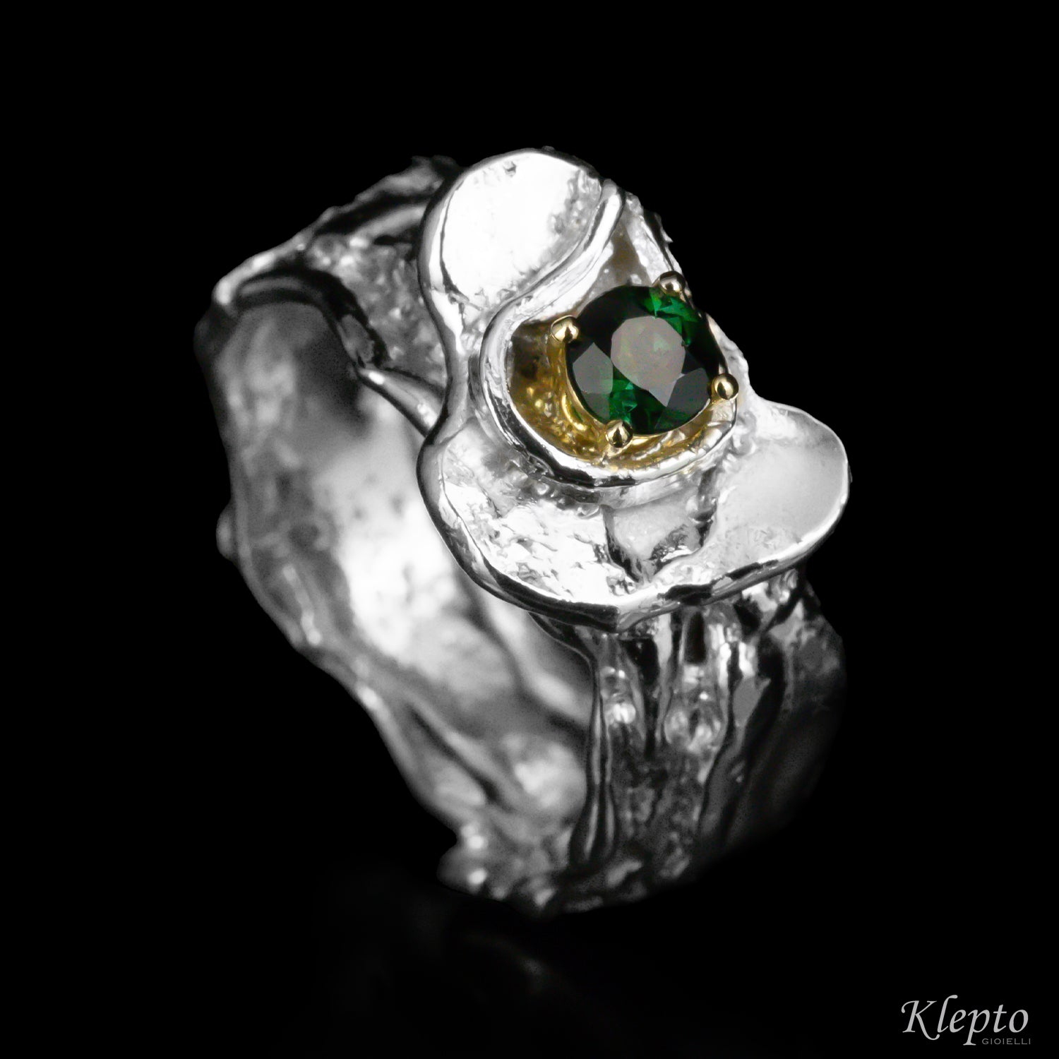 Silver Silnova® ring with green tourmaline and yellow gold details