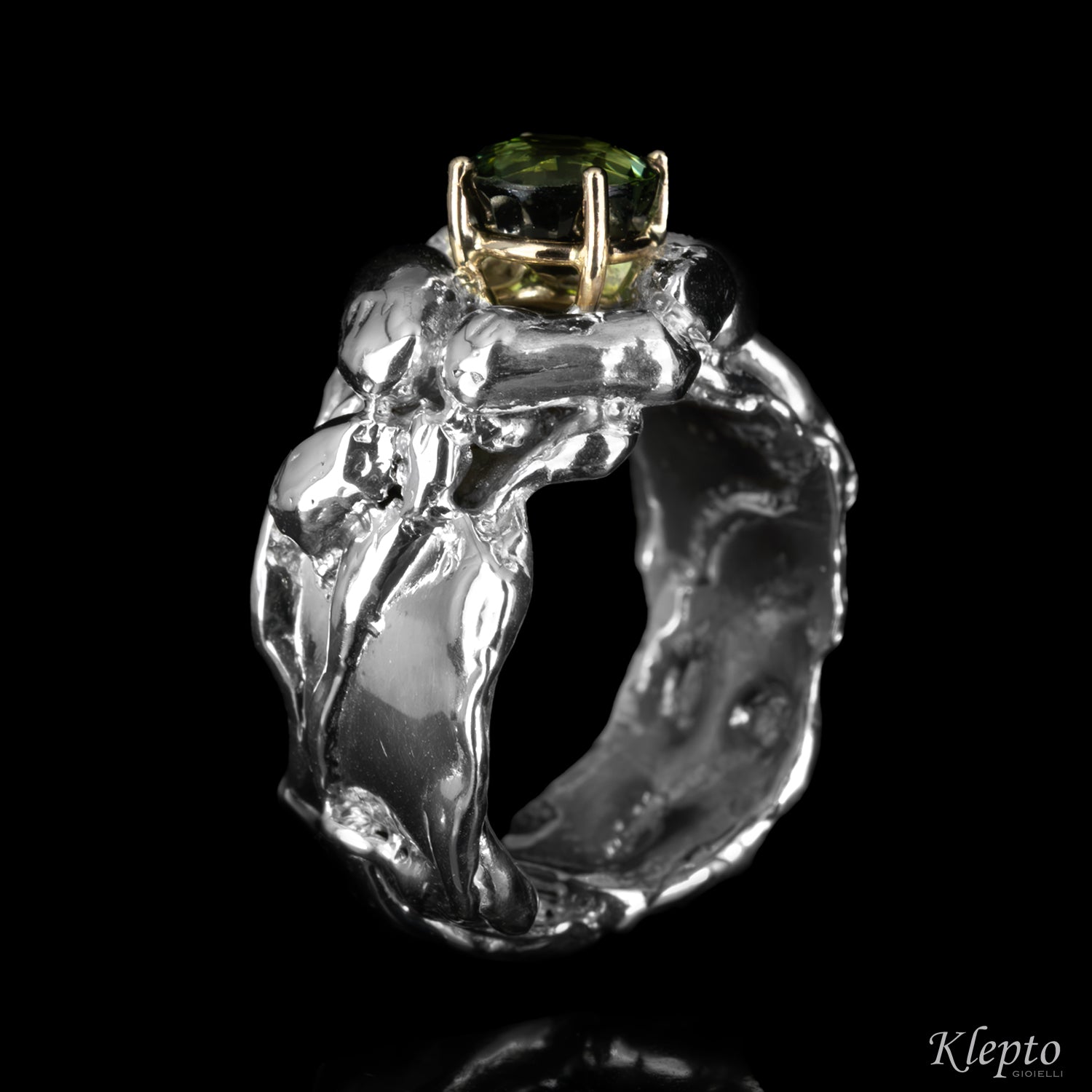 Silnova® silver ring with green tourmaline and natural white gold details