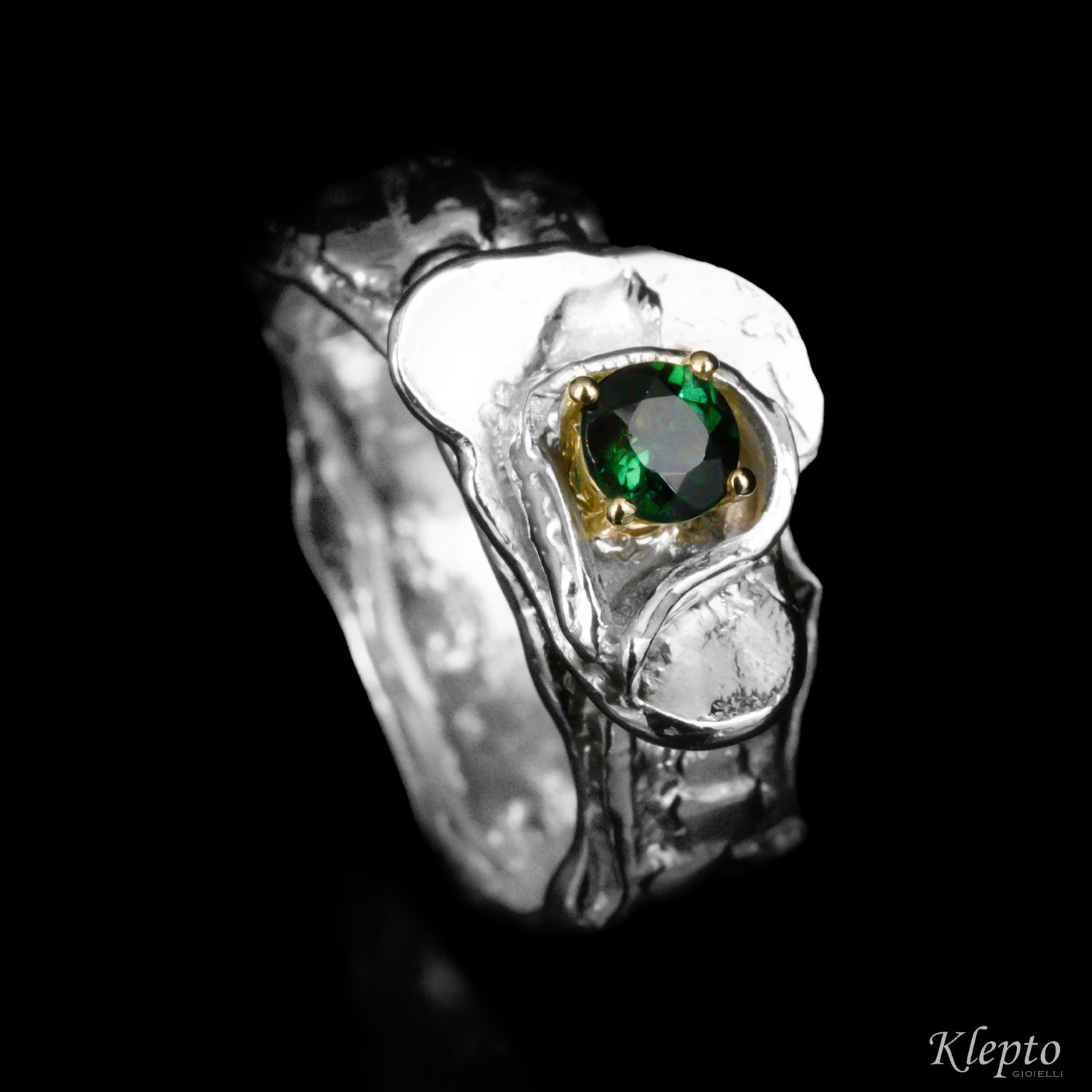 Silver Silnova® ring with green tourmaline and yellow gold details