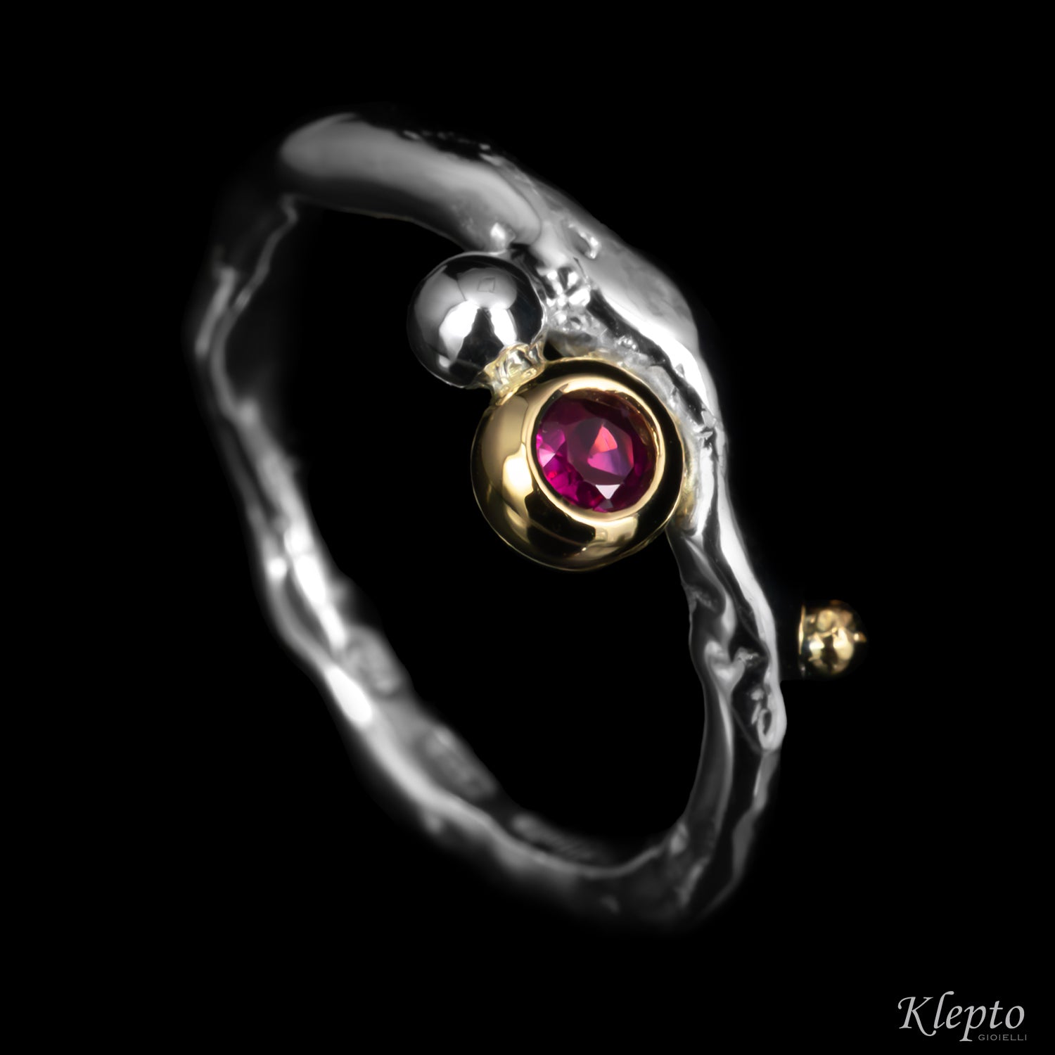 Silver Ring Silnova® with Ruby and yellow gold details