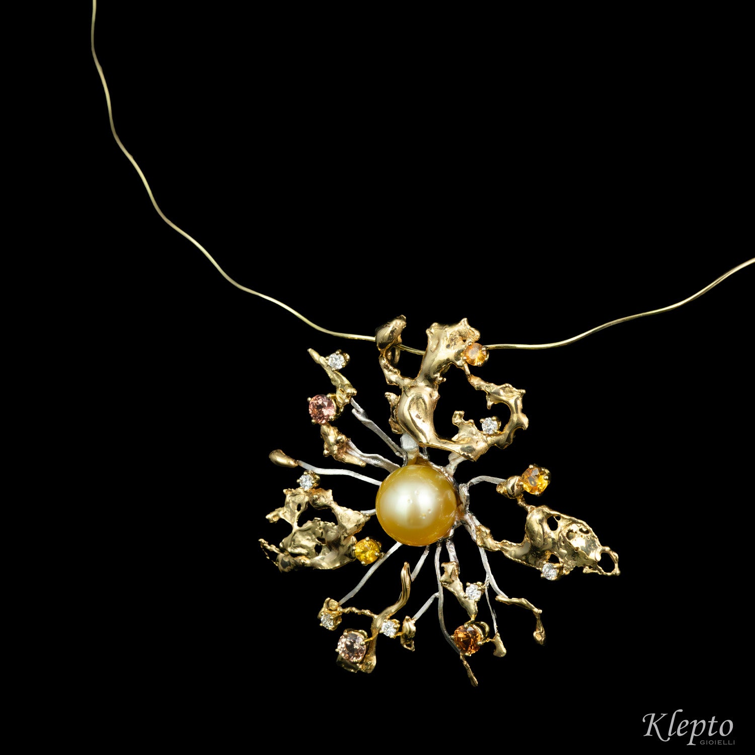 "Big Bang" yellow gold necklace with Australian Gold Pearl, Sapphires and Diamonds