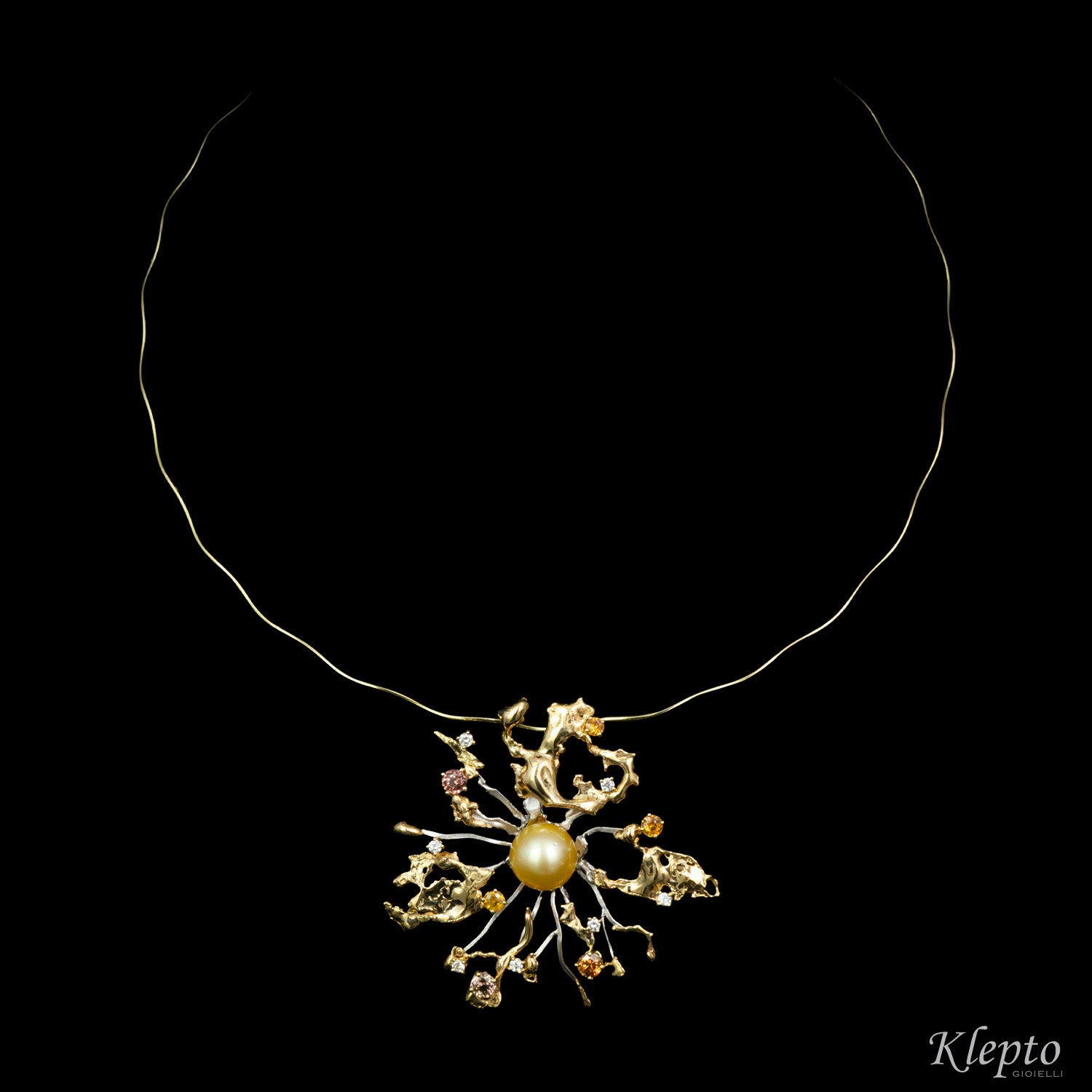 "Big Bang" yellow and white gold necklace with Australian Gold Pearl, Sapphires and Diamonds