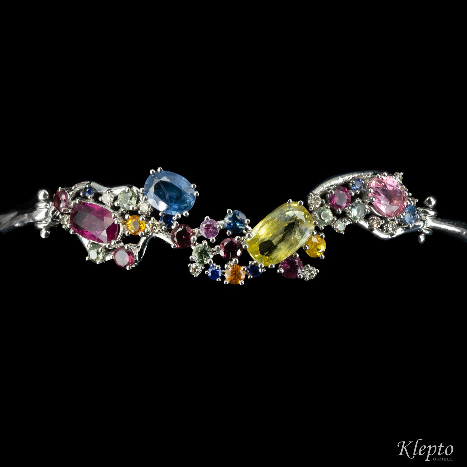 White gold bracelet with Sapphires, Rubies, Diamonds and Rhodolites