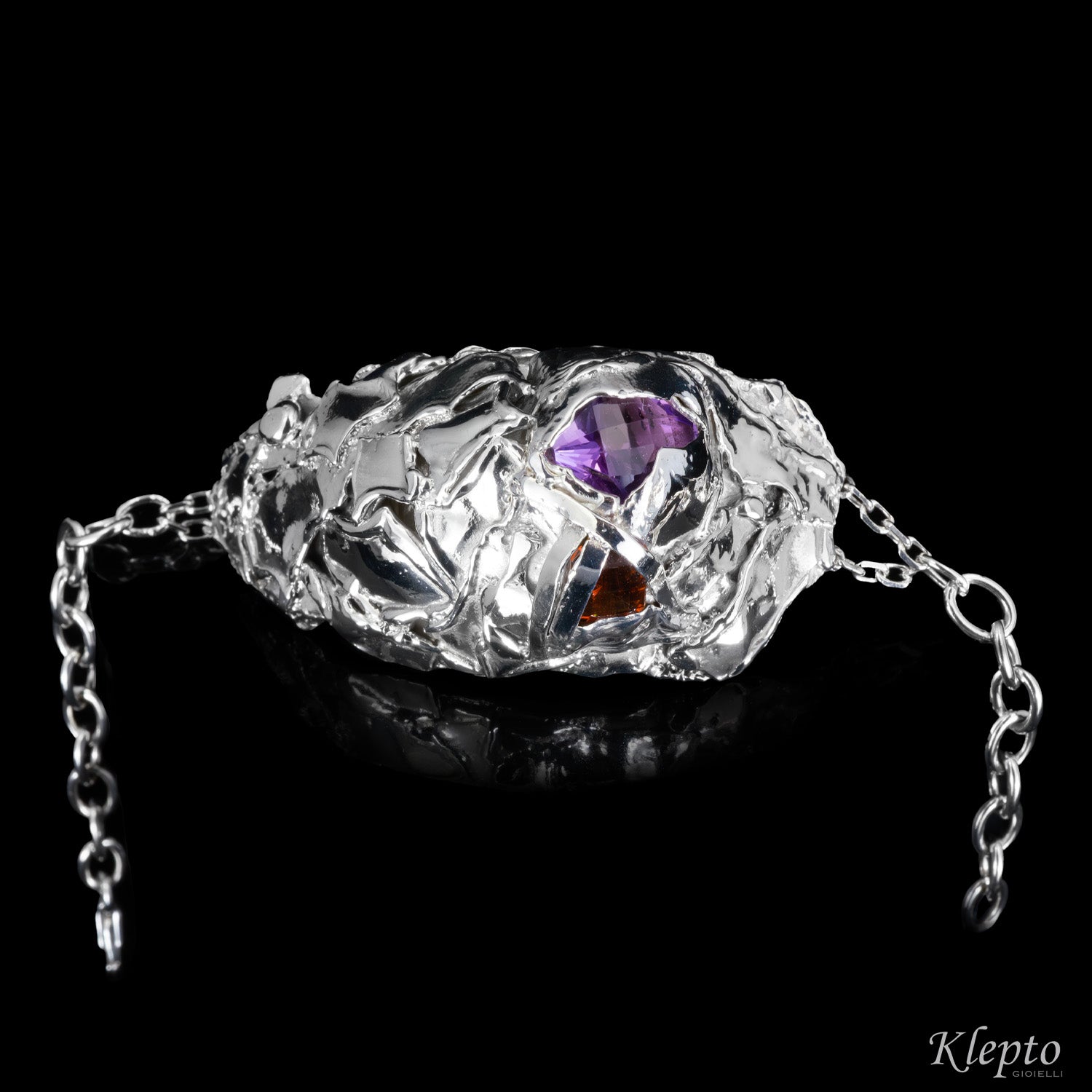 Silver Silnova® bracelet cast with flame with Amethyst and Garnet