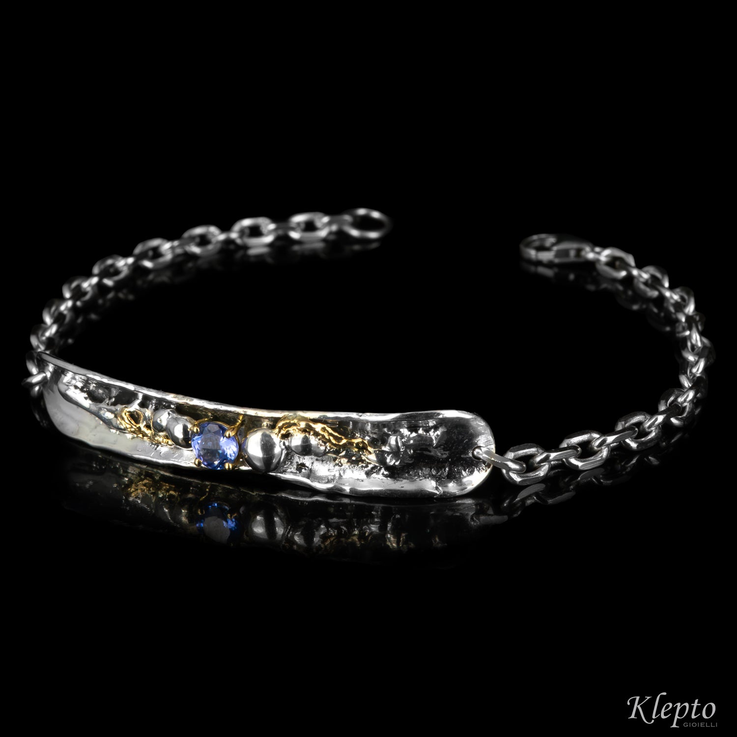 Silnova® Silver Bracelet with Tanzanite and Yellow Gold Details