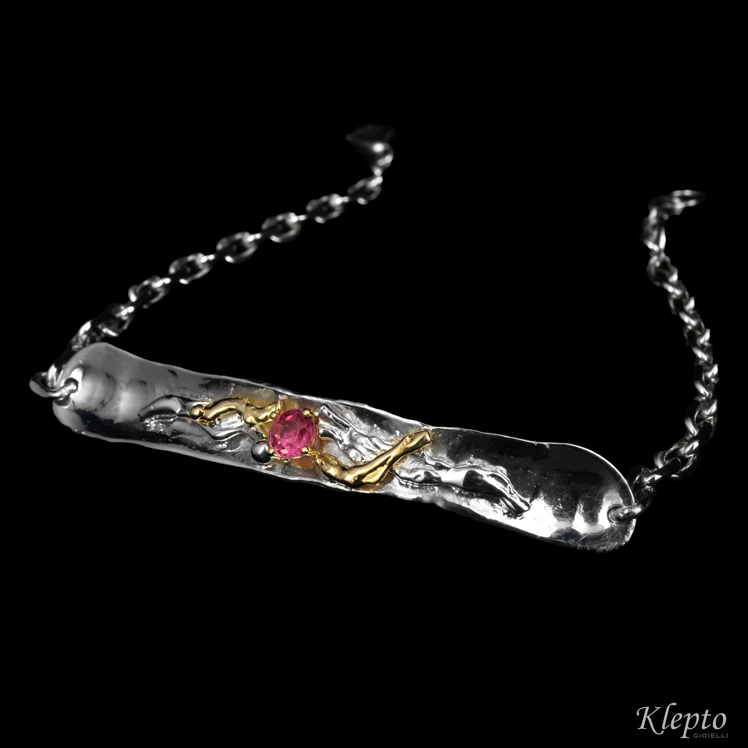 Silver Silnova® Bracelet with Pink Tourmaline and Yellow Gold Details