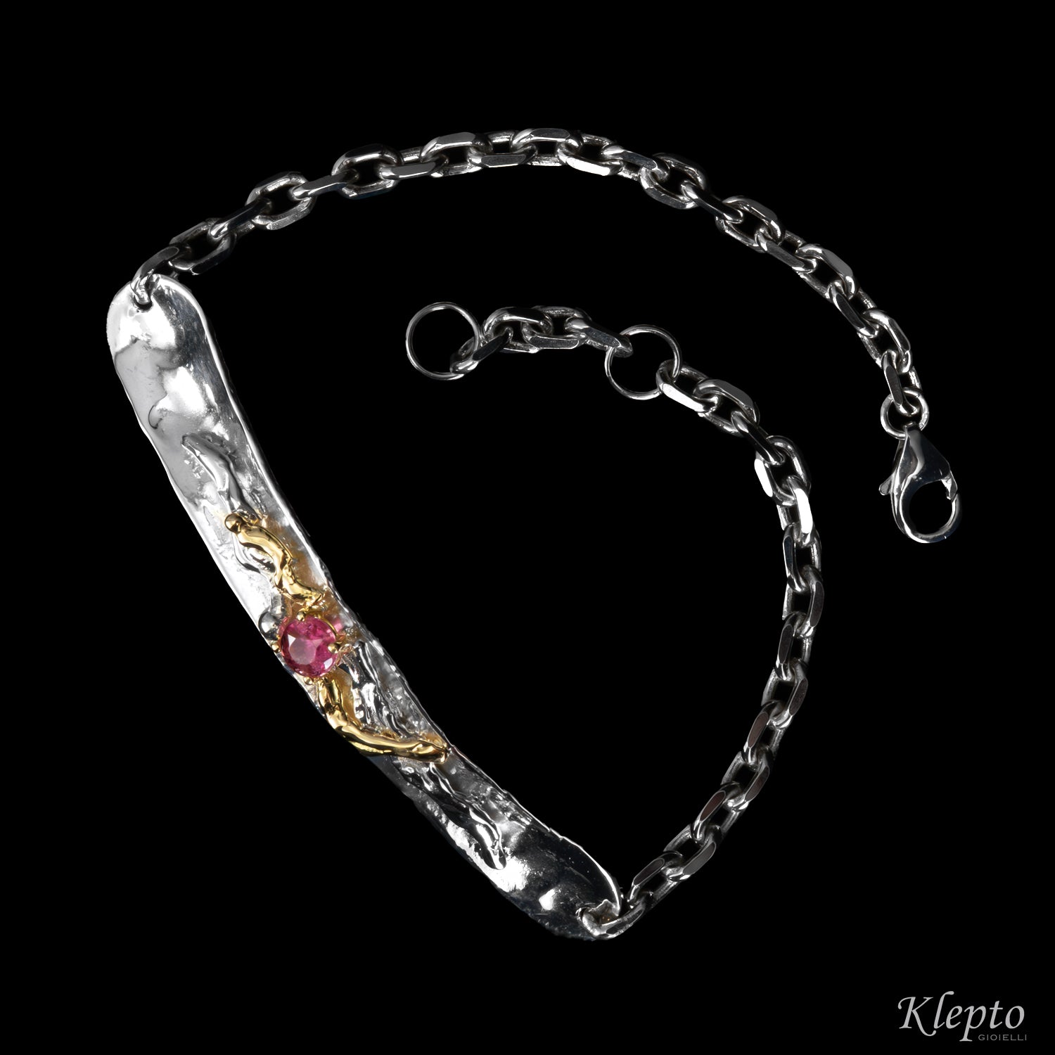 Silver Silnova® Bracelet with Pink Tourmaline and Yellow Gold Details