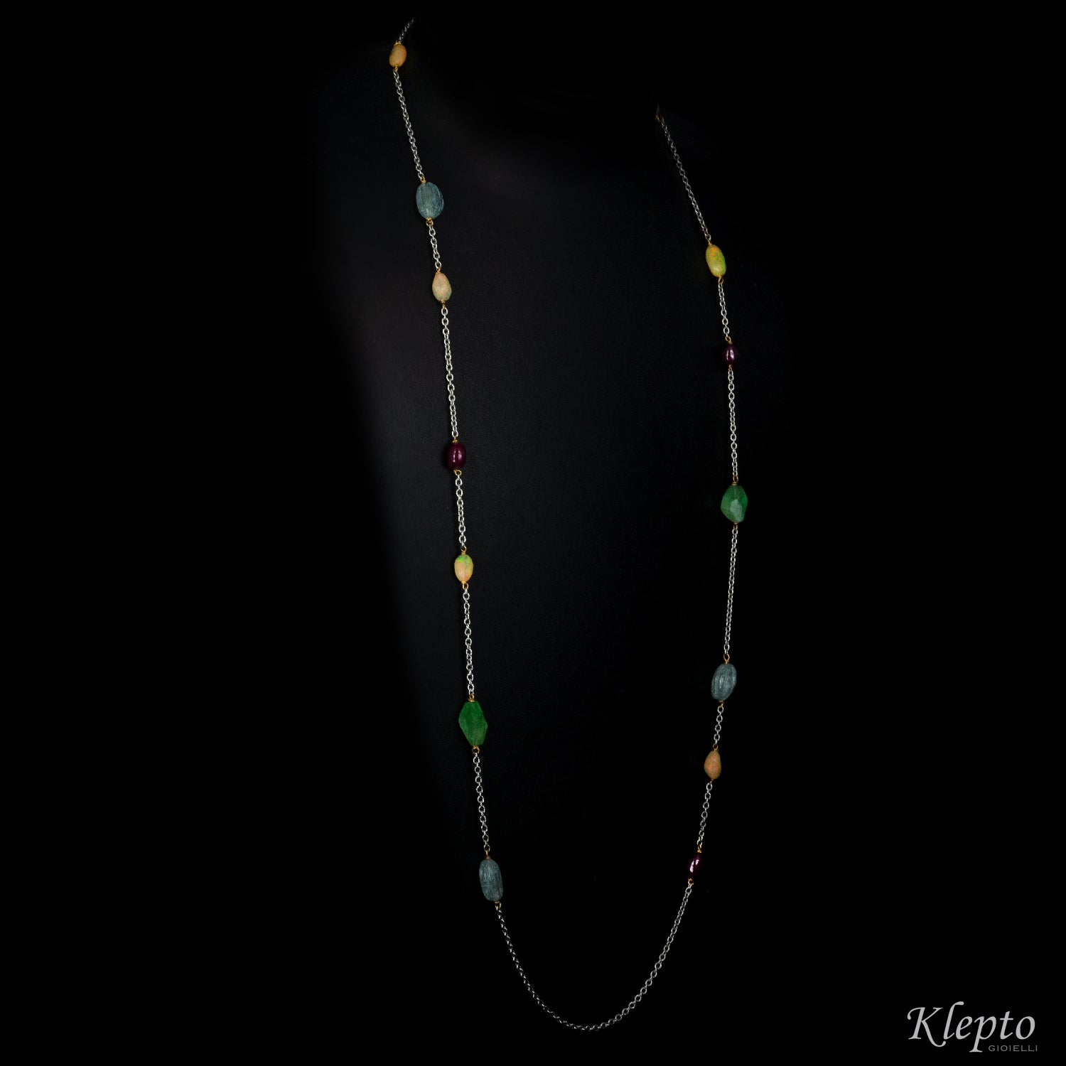 "Chanel" white gold necklace with Aquamarines, Rubies, Opals and Emeralds