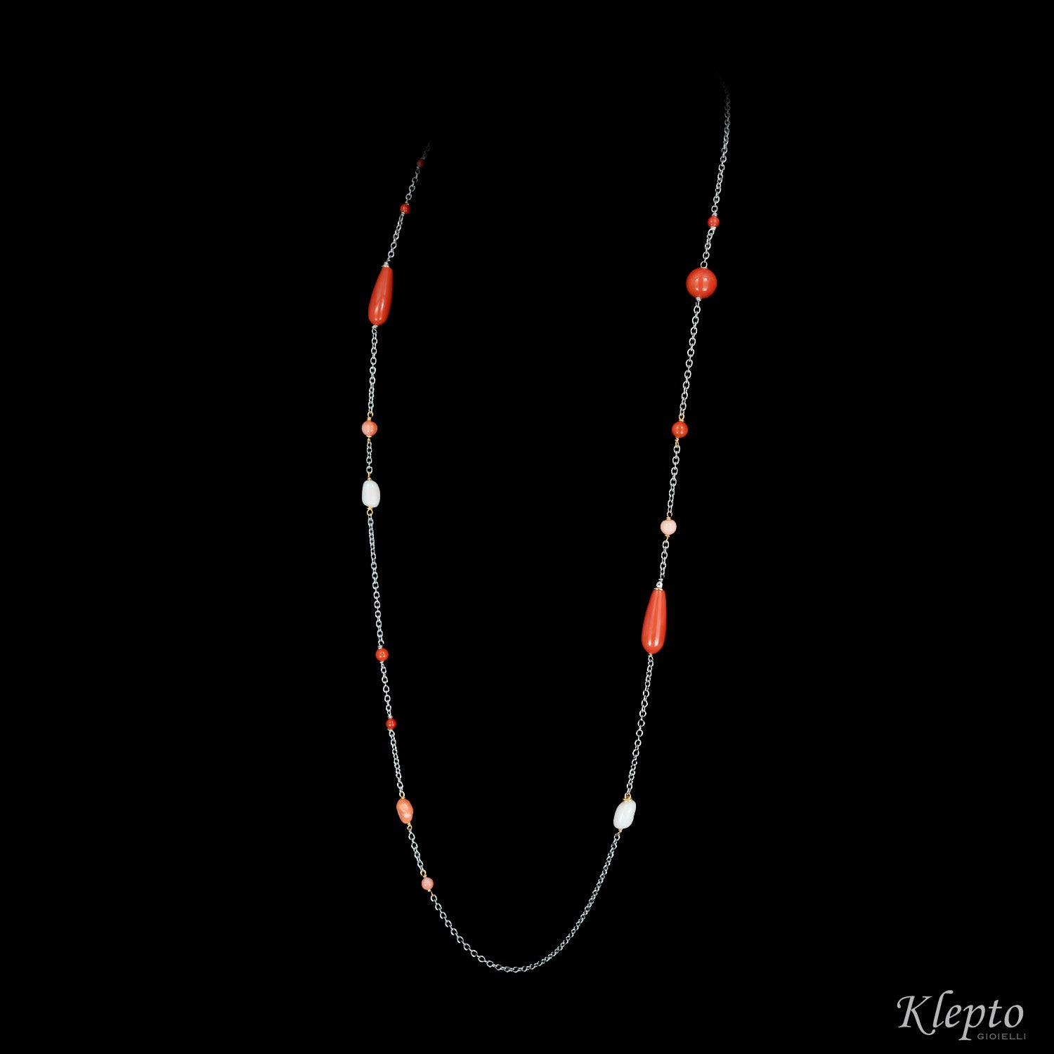 Necklace in white gold and rose gold "Chanel" with Coral