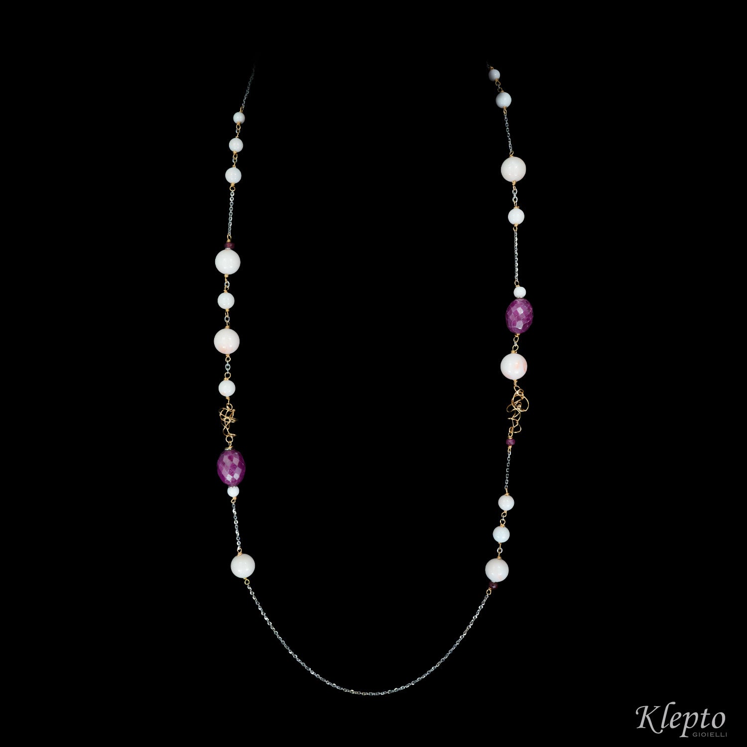 "Chanel" white gold and rose gold necklace with pink coral and rough rubies