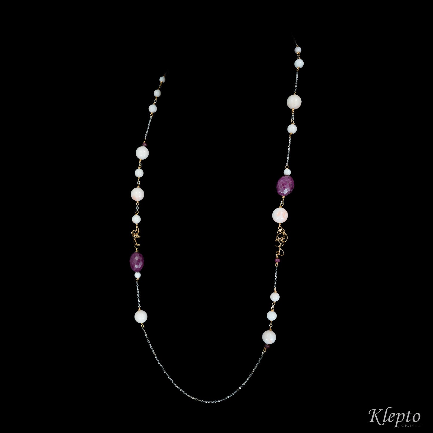 "Chanel" white gold and rose gold necklace with pink coral and rough rubies