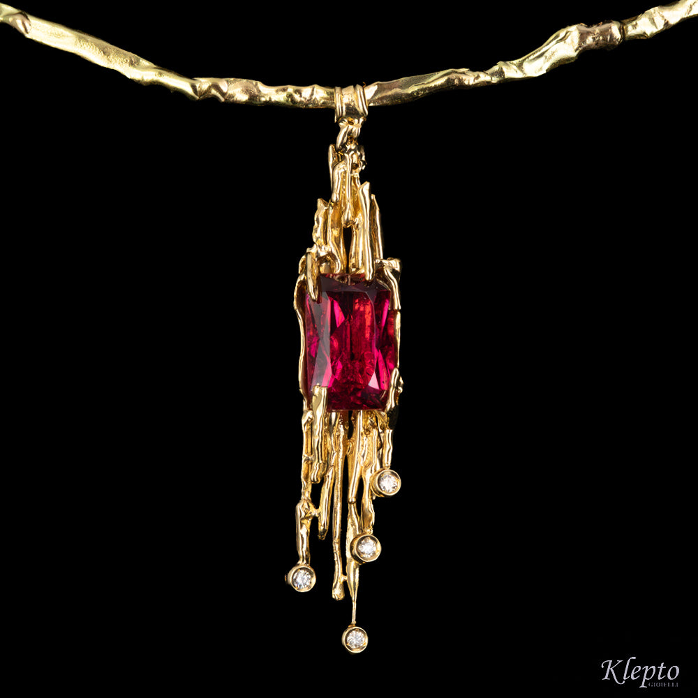 Yellow gold necklace "EroiKa" with red Tourmaline and Diamonds