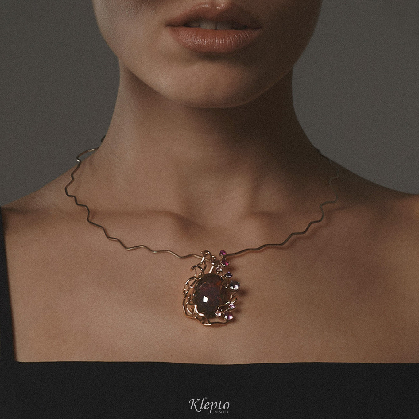 Rose gold and natural white "Origins" necklace with cabochon Tourmaline and Sapphires