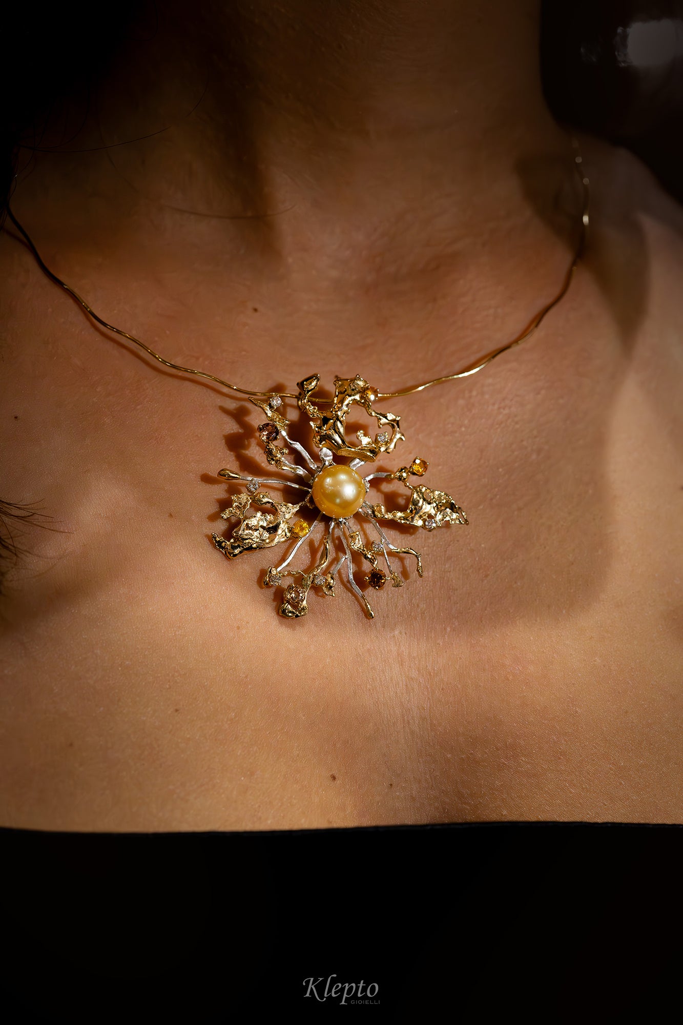 "Big Bang" yellow and white gold necklace with Australian Gold Pearl, Sapphires and Diamonds