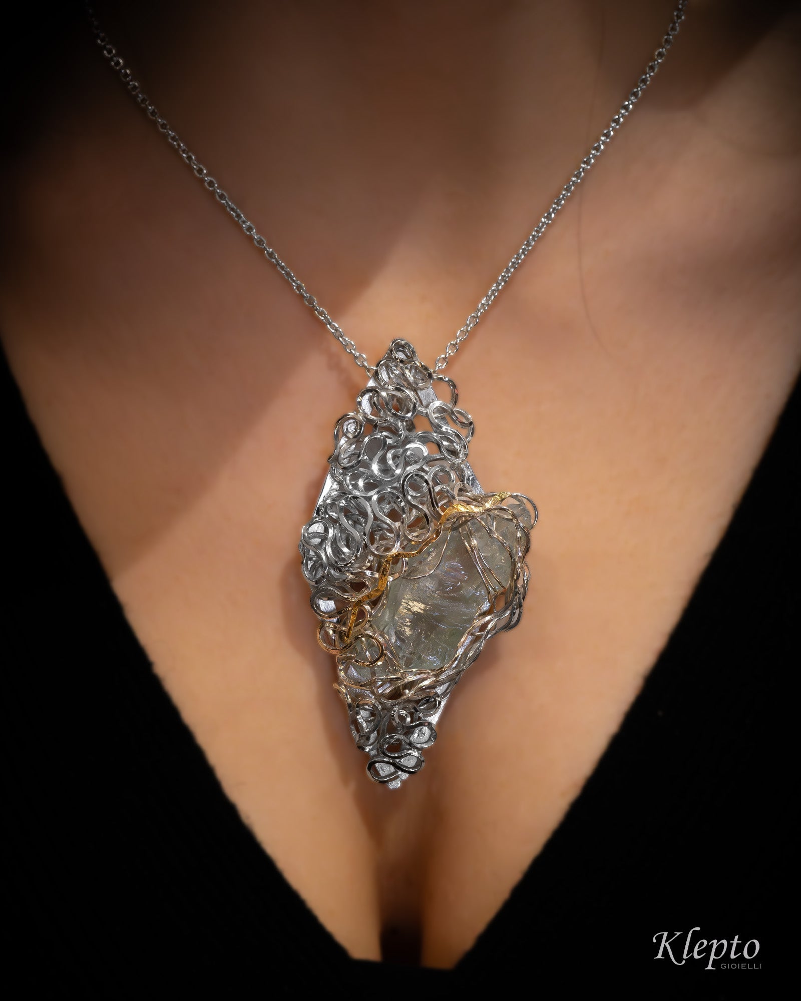 Silnova® Silver Pendant with Aquamarine and yellow gold detail