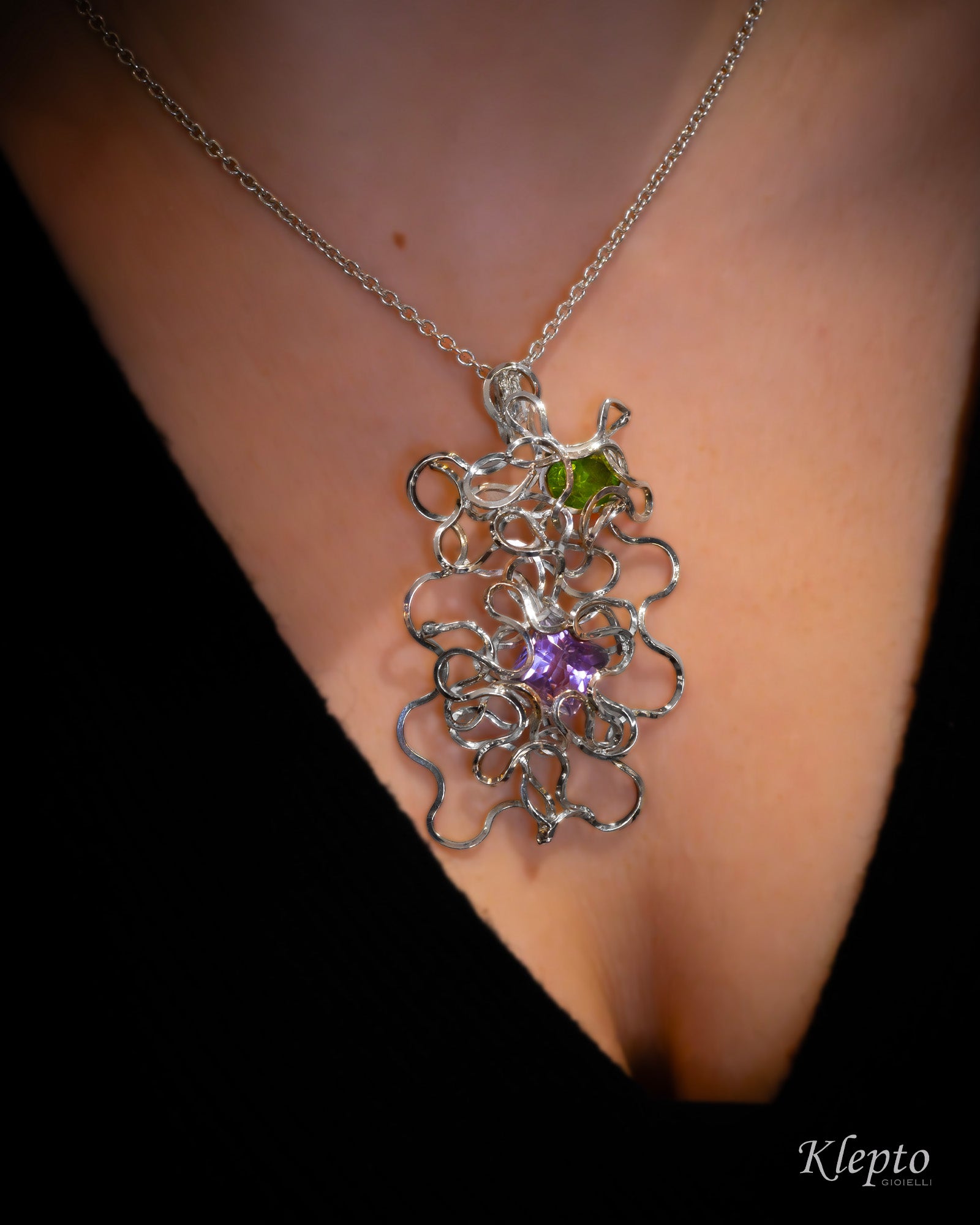 Pendant in Silnova® Silver flush with Amethyst and Peridot