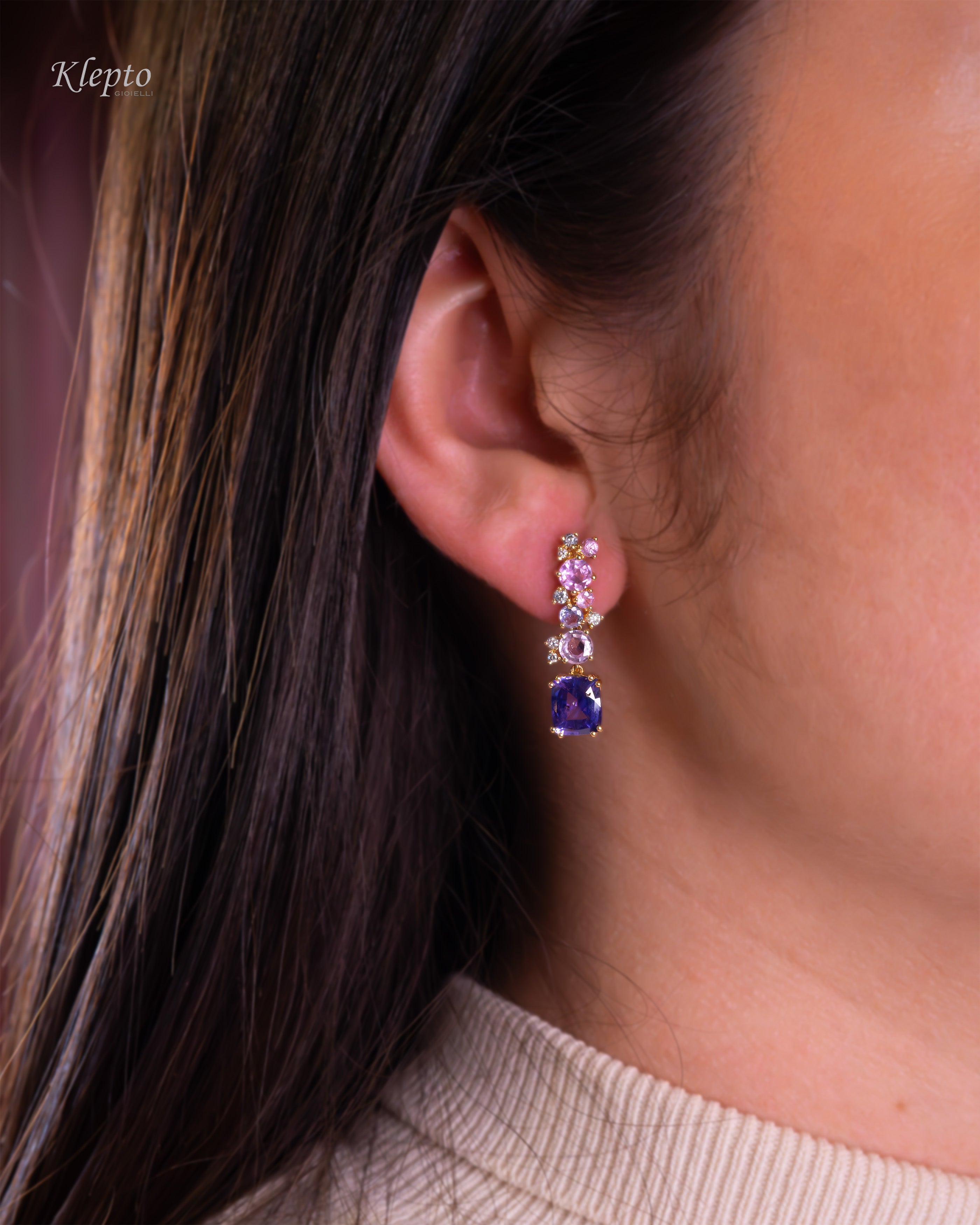 Yellow gold earrings with pink and purple Sapphires, Tanzanites and Diamonds