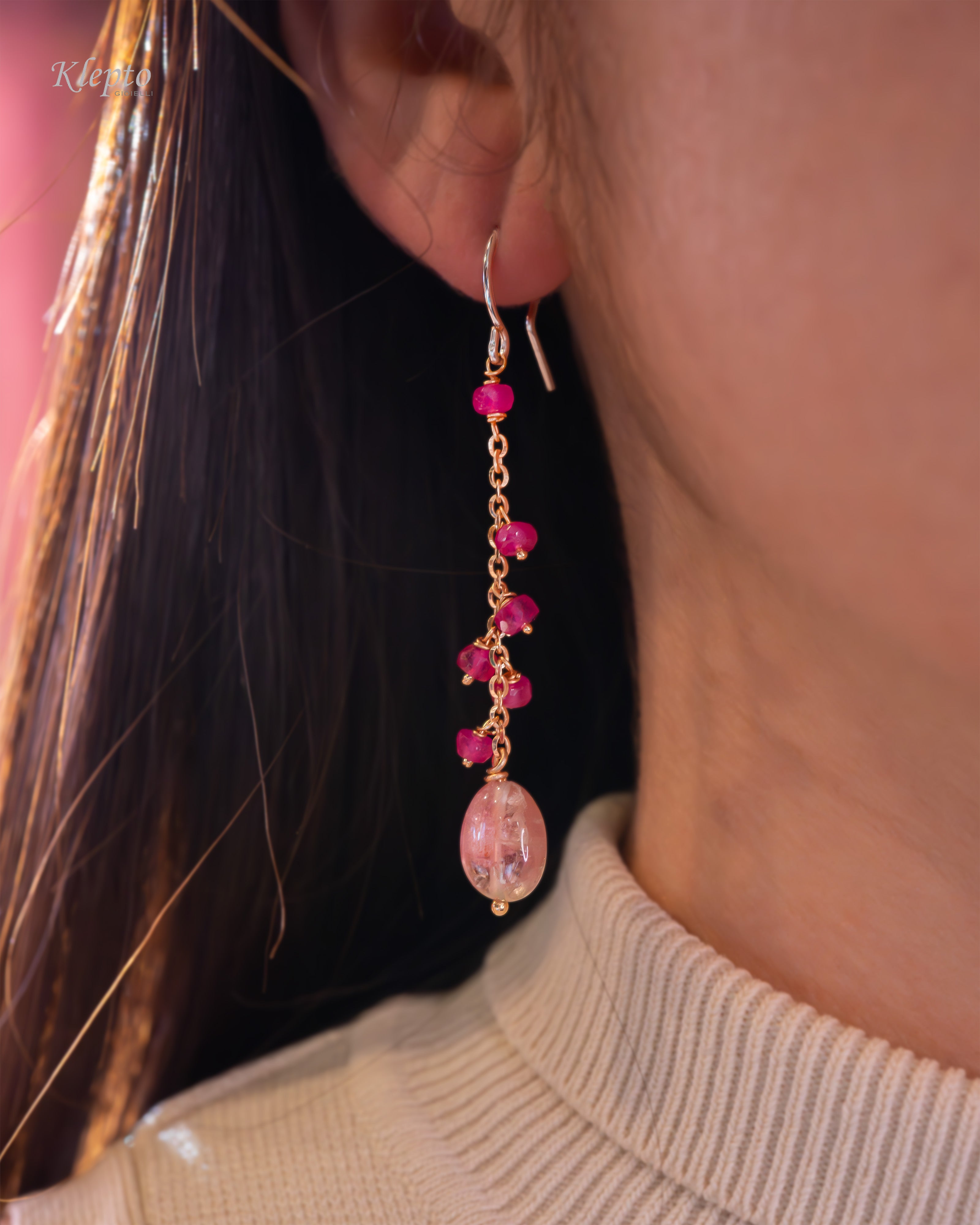 Rose and white gold pendant earrings with Tourmalines and Rubies