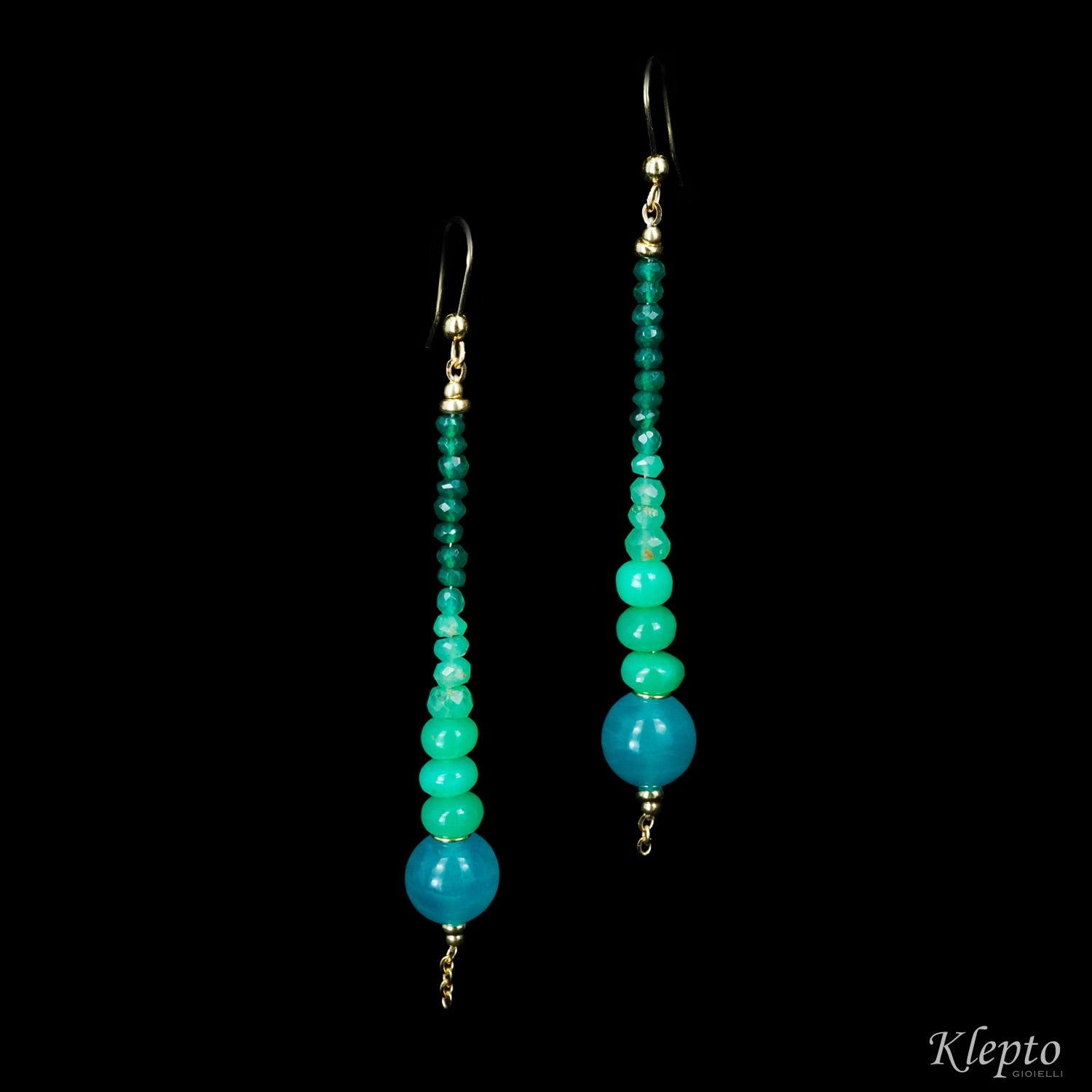 Yellow gold earrings with Amazonite, Chrysoprase and Agate