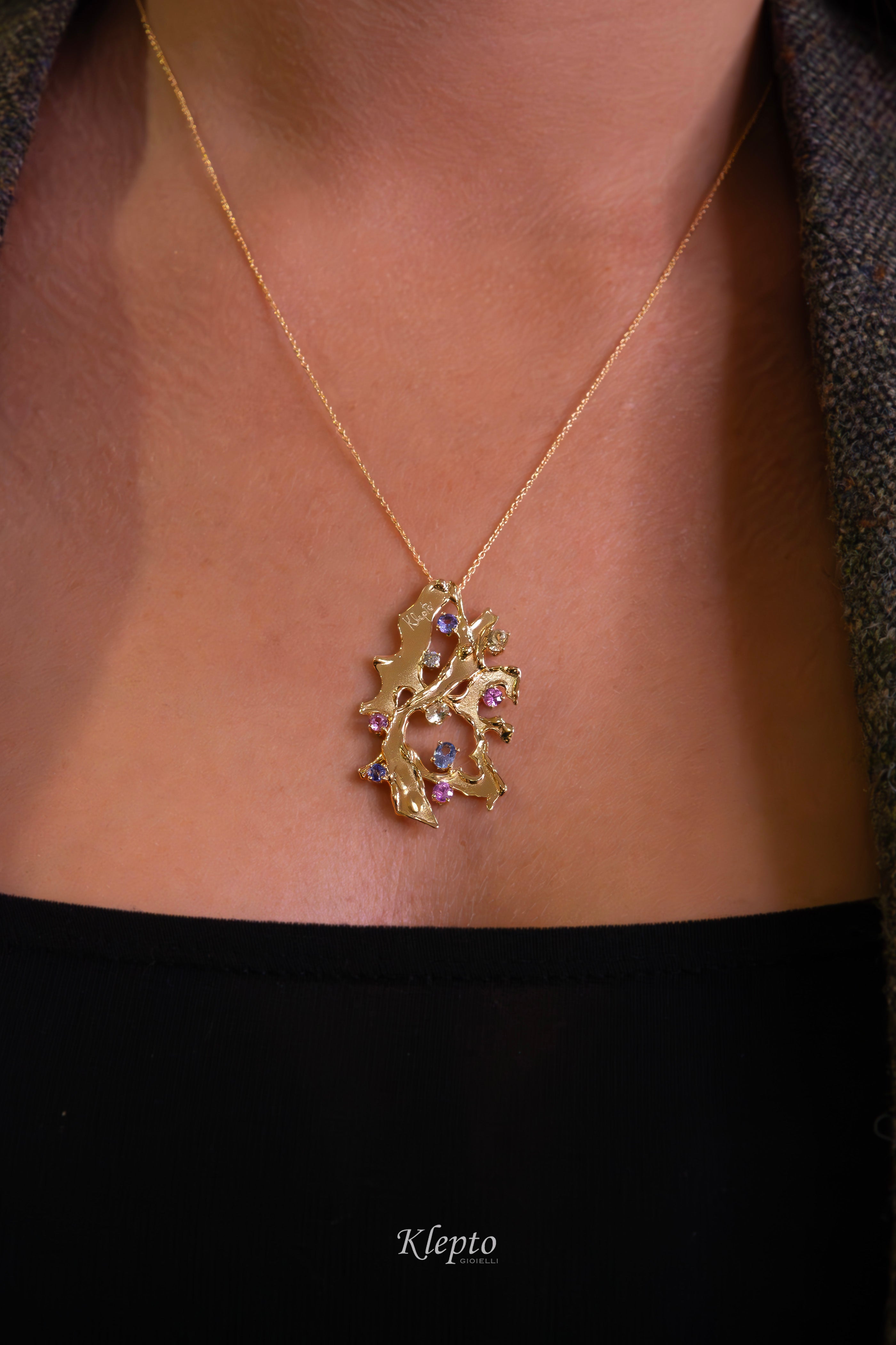 Yellow gold pendant with Sapphires, Tanzanite and Diamond