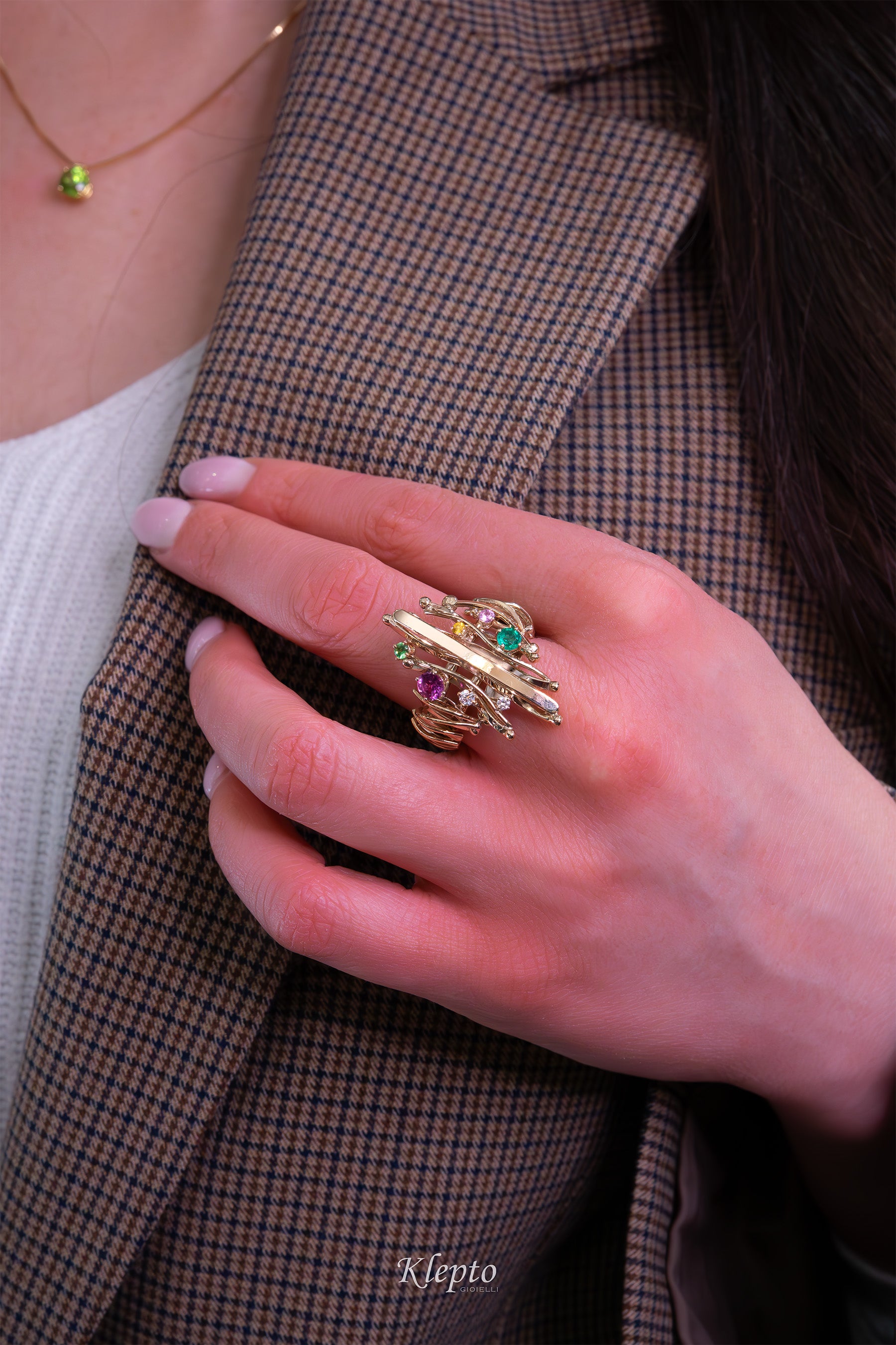 Natural white gold ring "Equilibrio" with gemstones