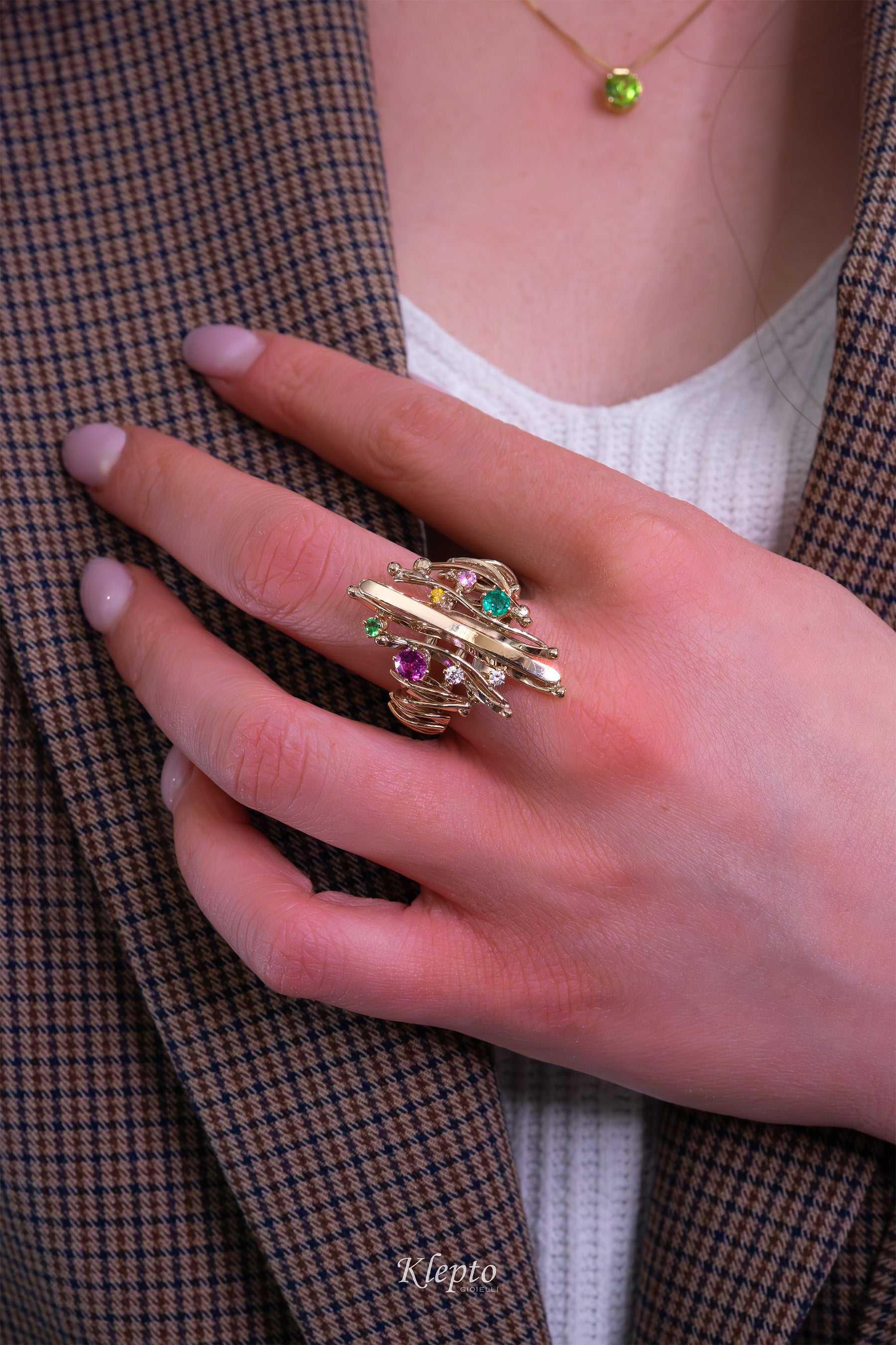 Natural white gold ring "Equilibrio" with gemstones