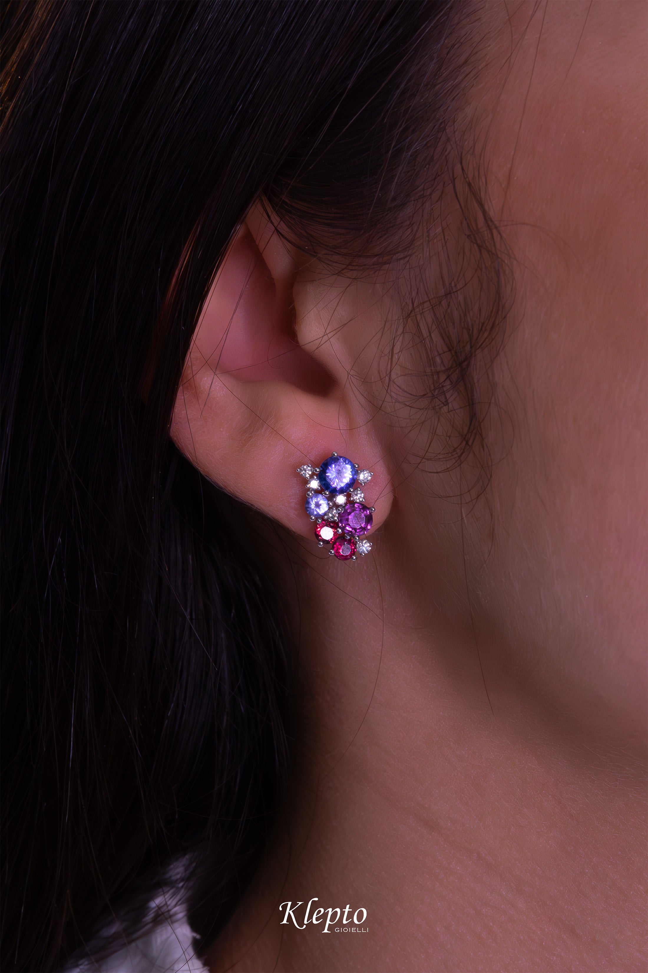 White gold earrings with Tanzanites, Sapphires, Rhodolites, and Diamonds