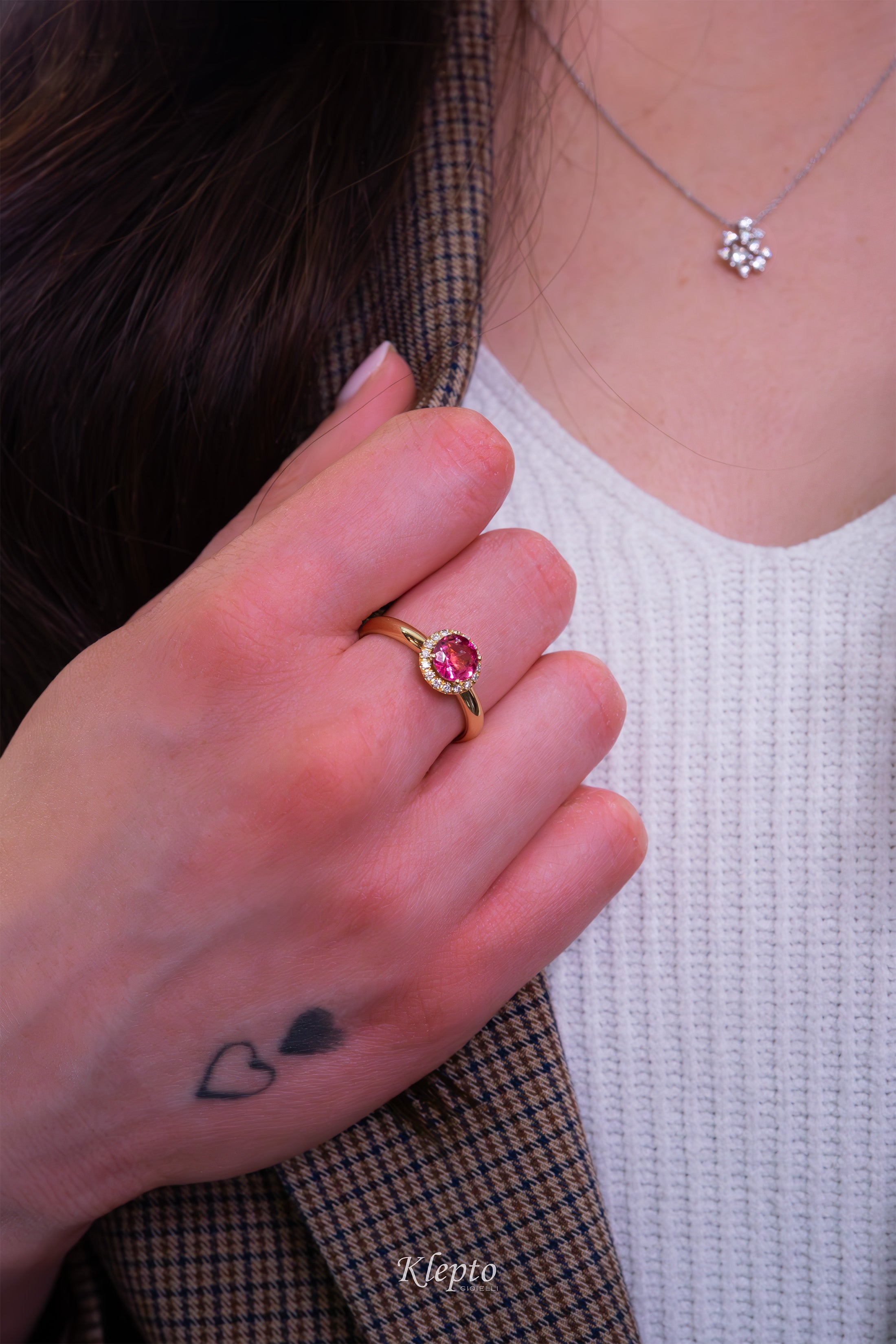 Classic yellow gold ring with pink tourmaline and diamond accents