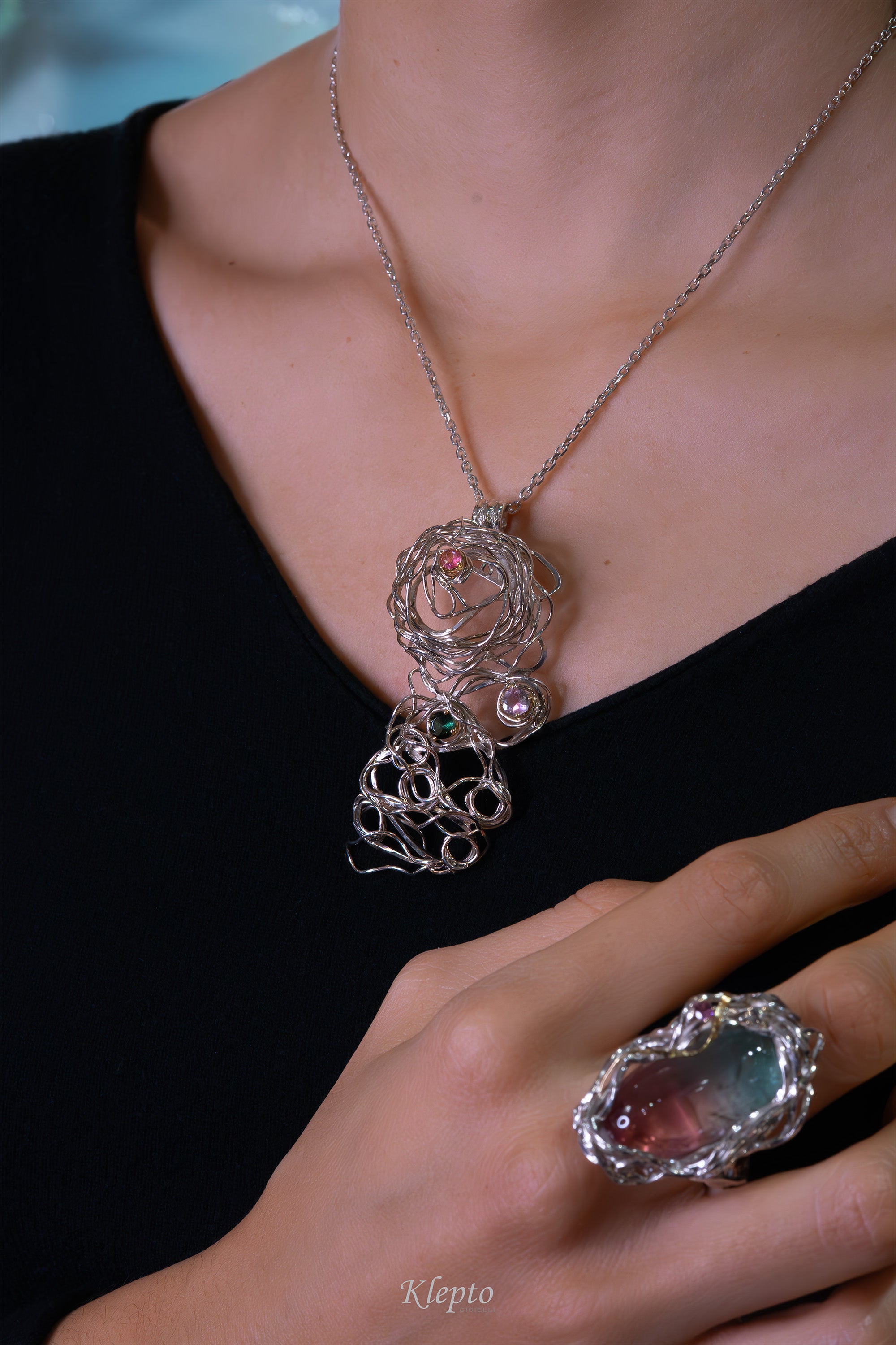 Silver Silnova® Pendant with Tourmaline details in yellow gold